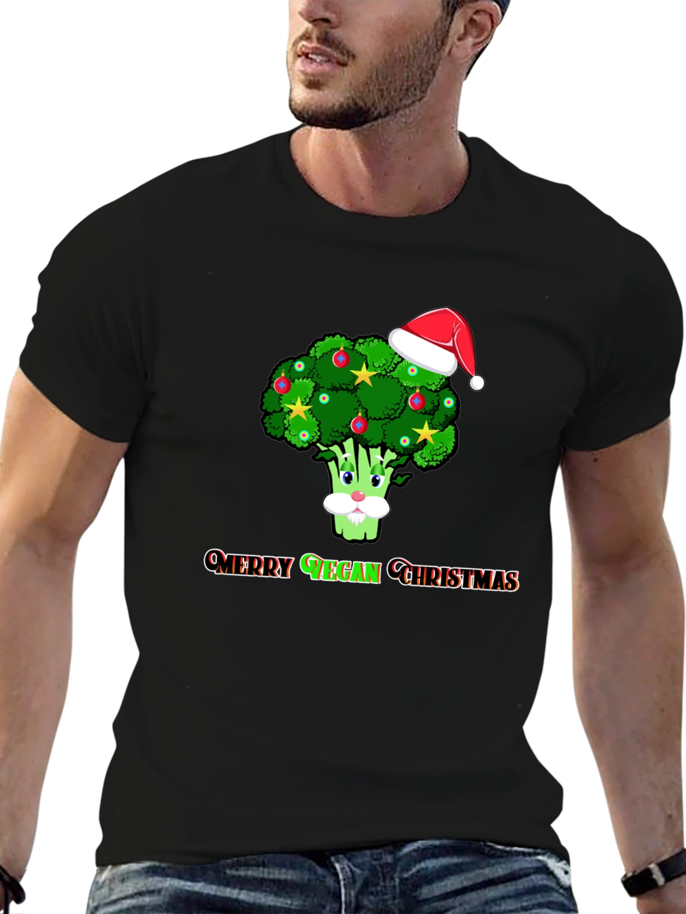 Black Merry Vegan Christmas T-Shirt - Broccoli Santa Hat view 6