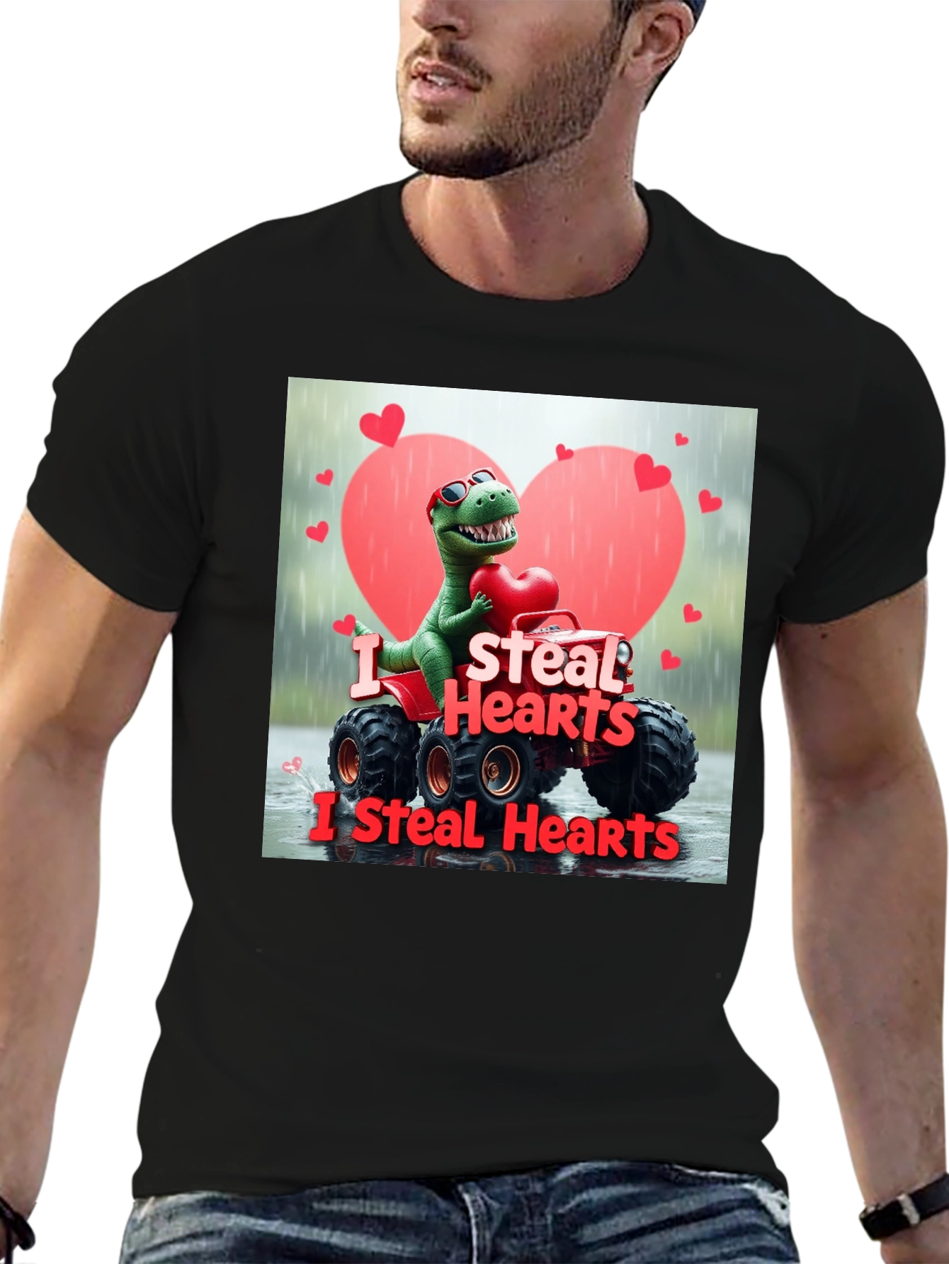Black I Steal Hearts Dinosaur Monster Truck Valentine's Day T-Shirt view 6
