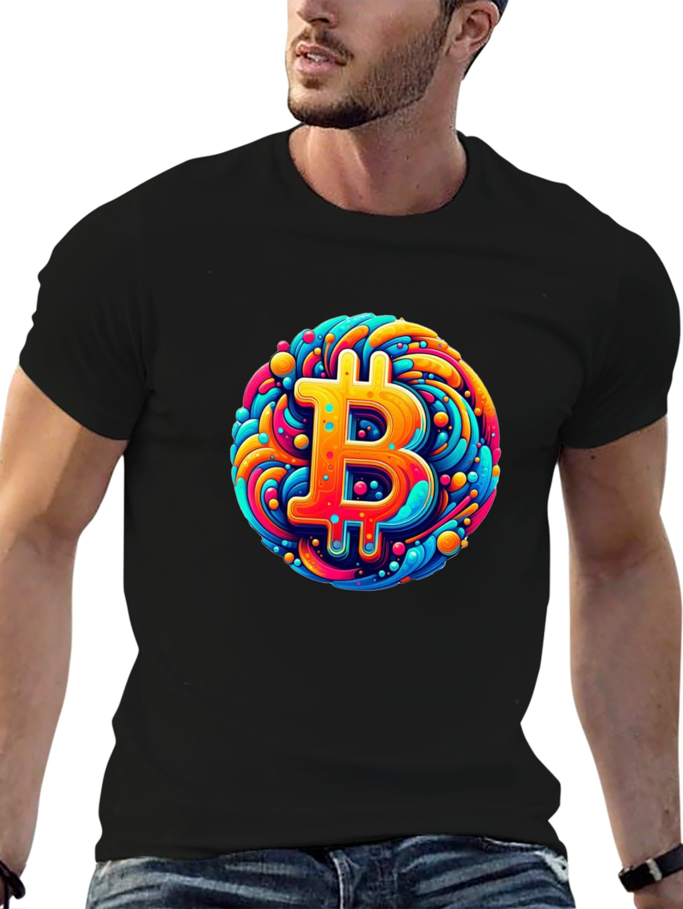 Black Bitcoin Art T-Shirt - Crypto Swirl Design view 6