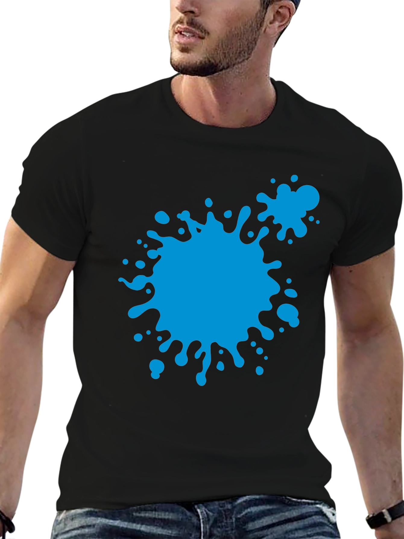 Black Abstract Blue Paint Splatter Black T-Shirt view 6