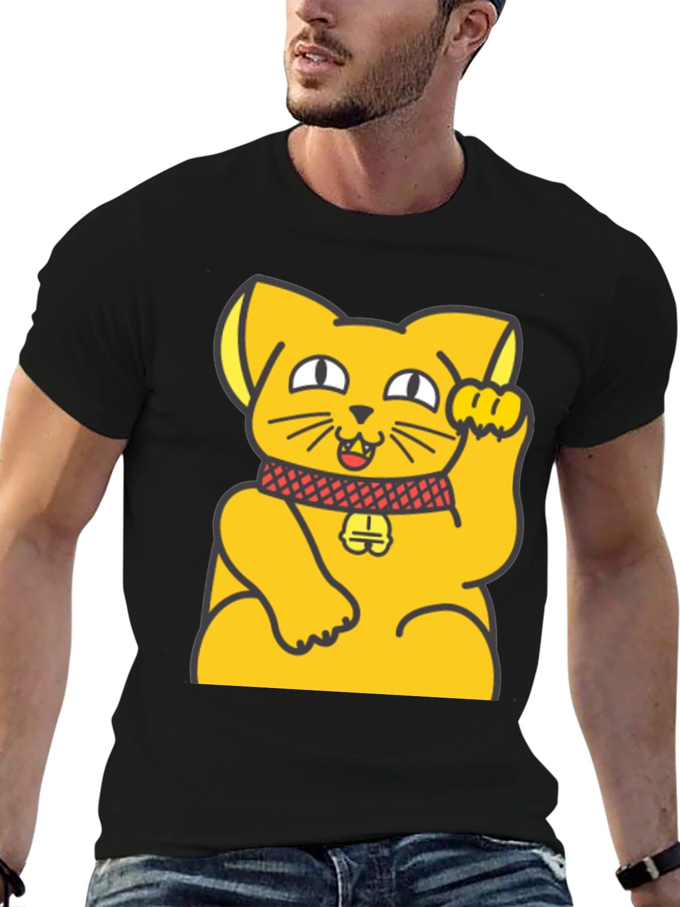 Black Lucky Cat Graphic T-Shirt - Unisex Black Cotton Tee view 6