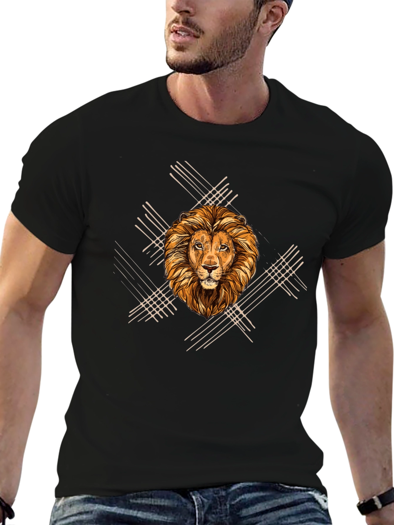 Black Lion Graphic Print Men's Black T-Shirt view 6