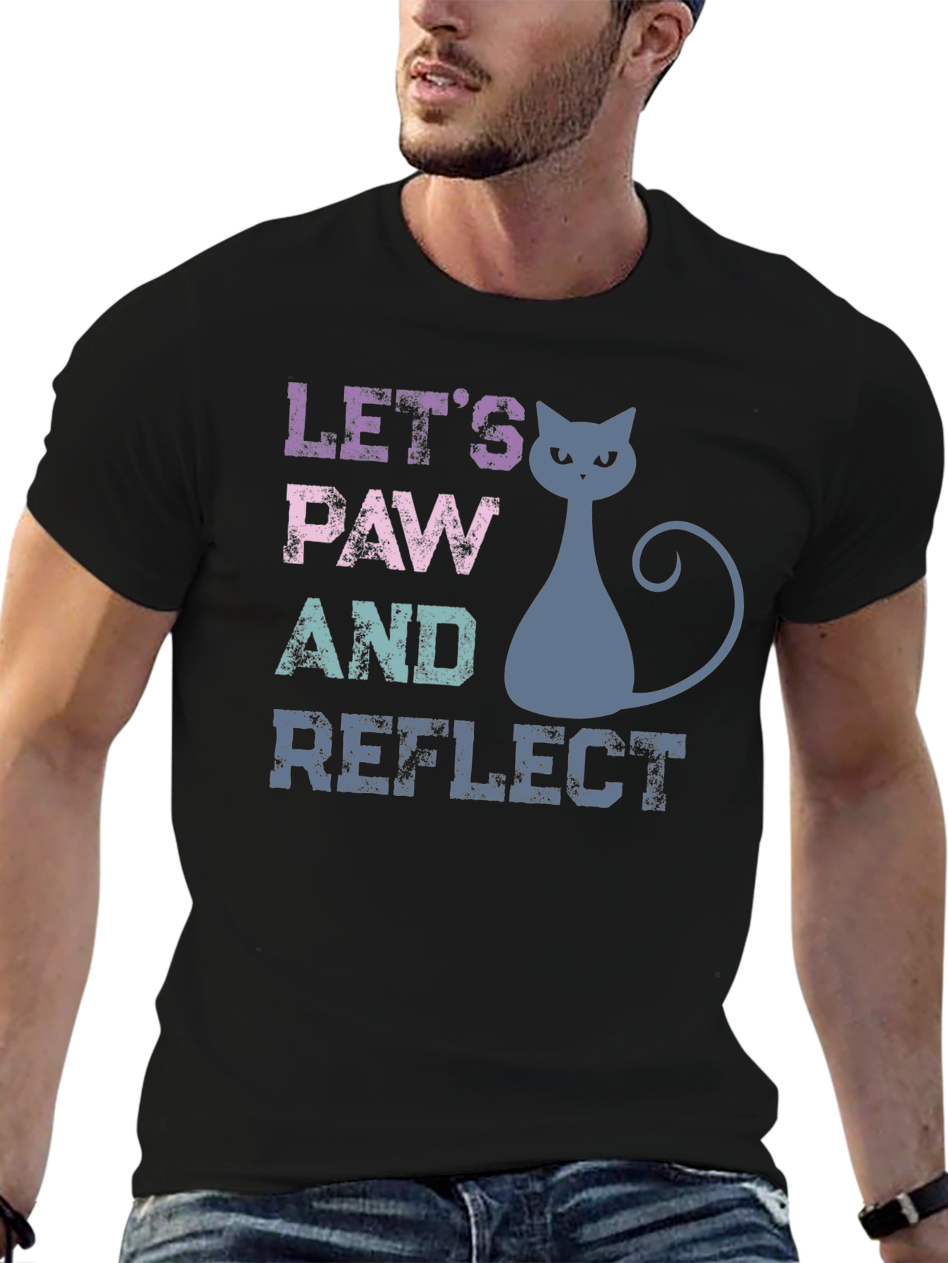 Black Let's Paw and Reflect Cat T-Shirt view 6