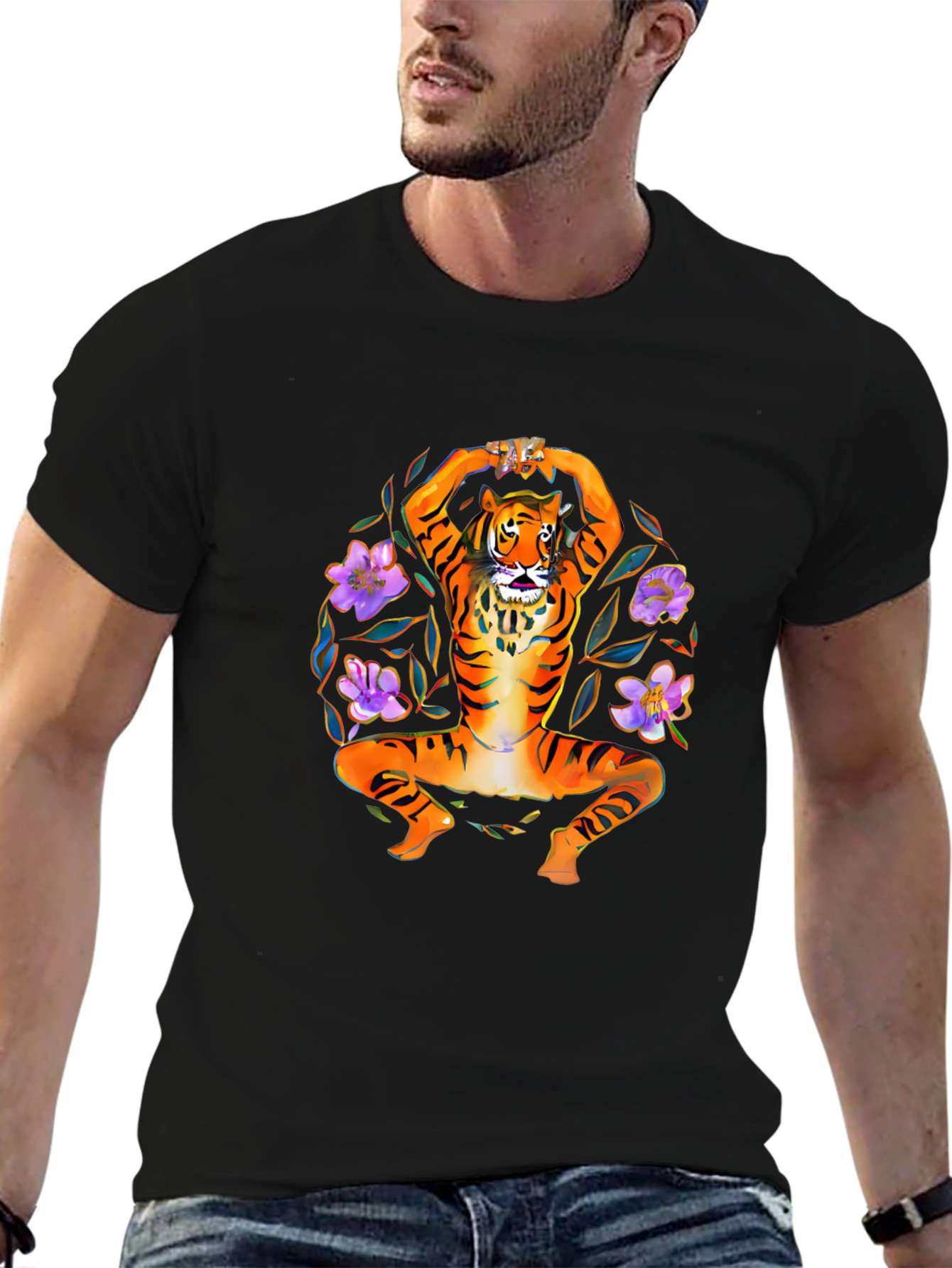 Black Yoga Tiger Graphic T-Shirt - Men's Black Tee view 6