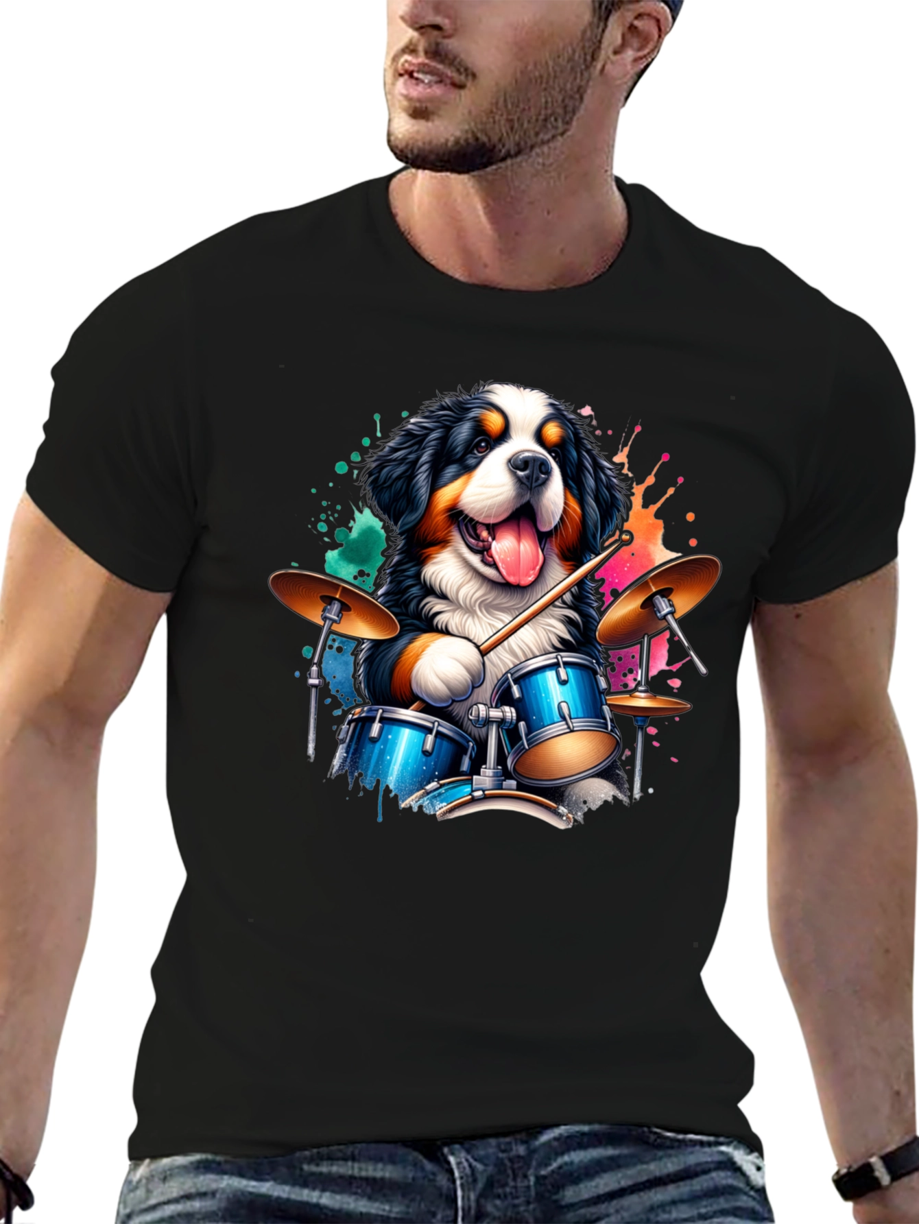Black Drummer Dog Graphic Tee - Black Cotton T-Shirt view 6