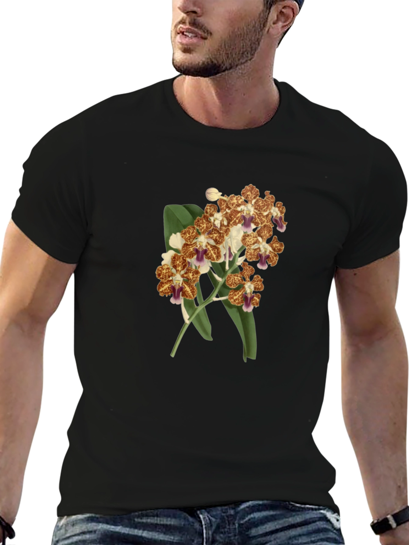 Black Floral Orchid Print Black T-Shirt view 6