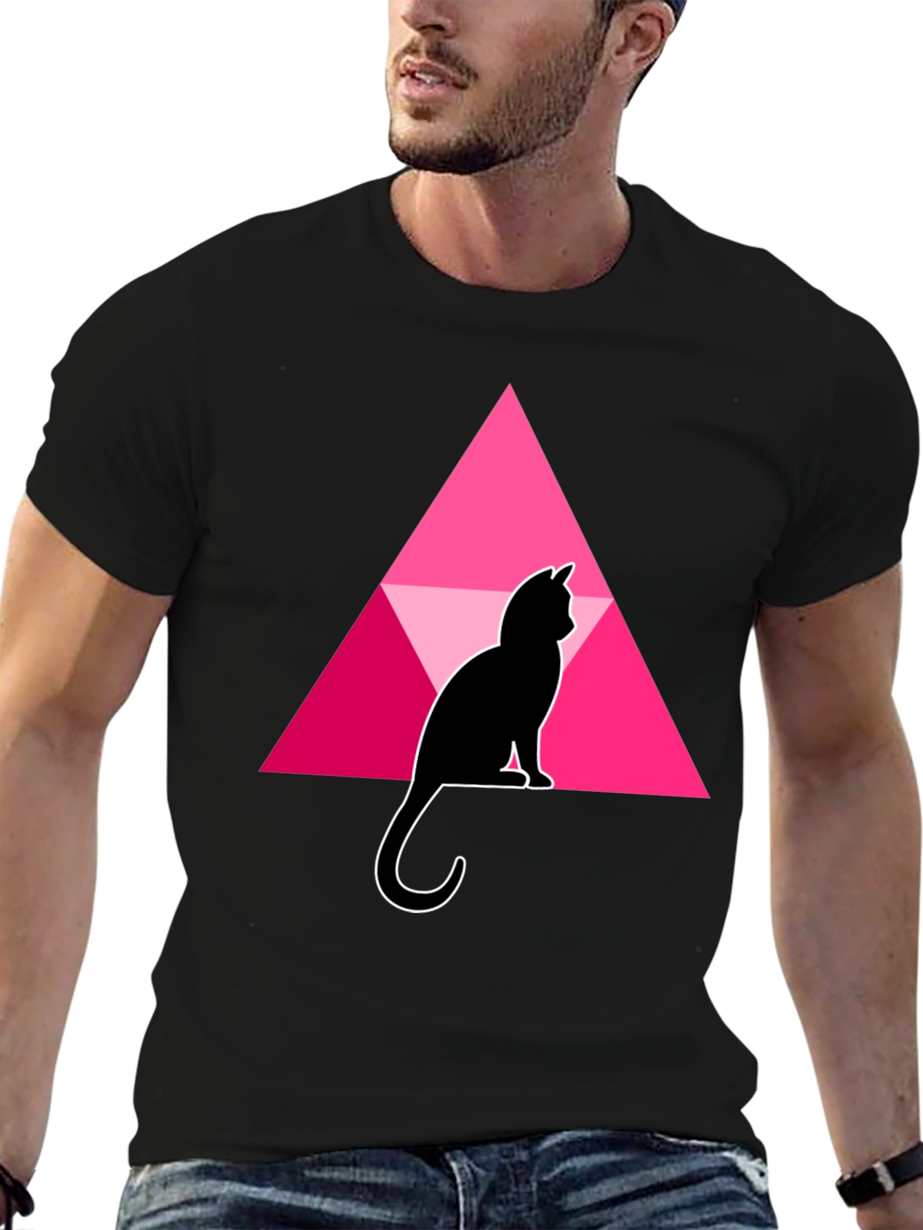 Black Cat and Triangle Graphic Black T-Shirt view 6