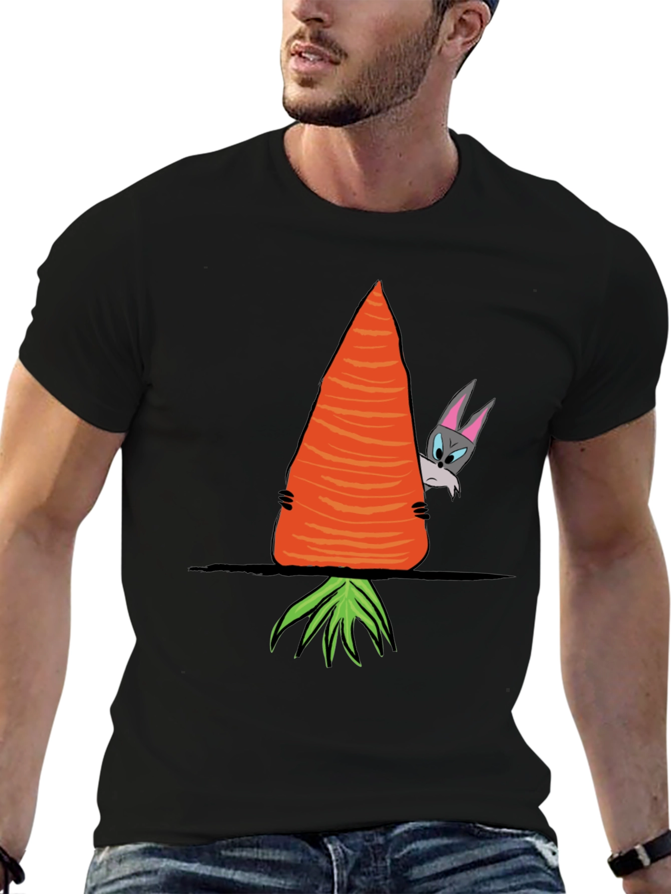 Black Funny Rabbit Peek-a-Boo Carrot Graphic Tee view 6