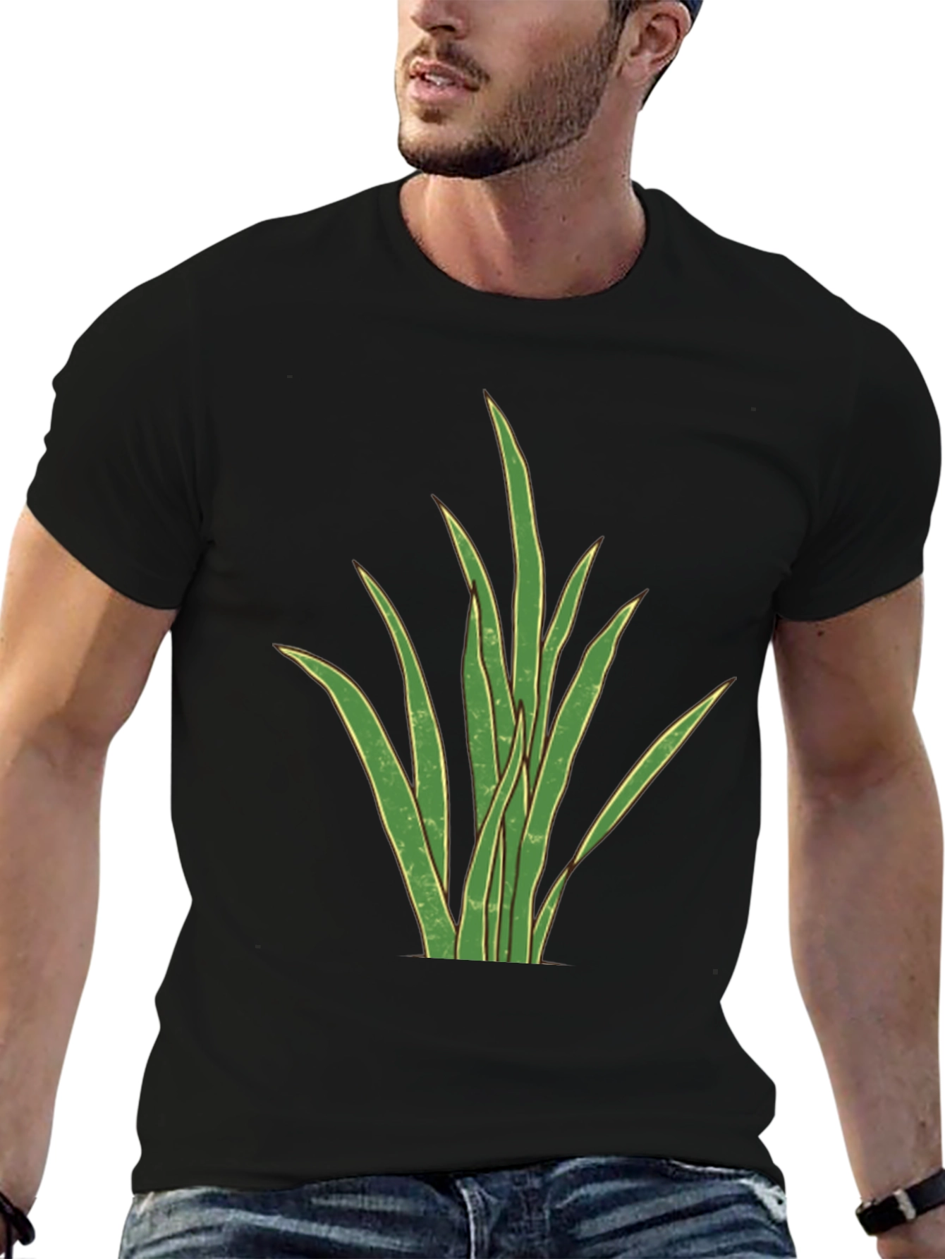 Black Men's Black T-Shirt with Graphic Plant Design view 6