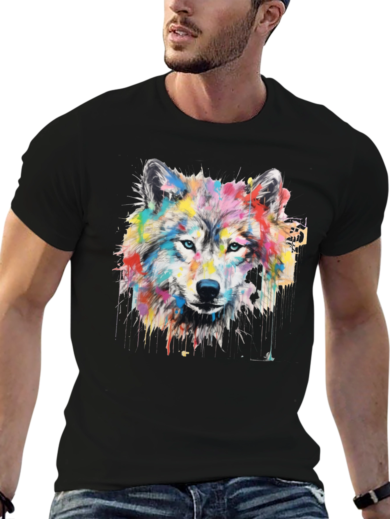 Black Colorful Wolf Graphic Print Men's Black T-Shirt view 6