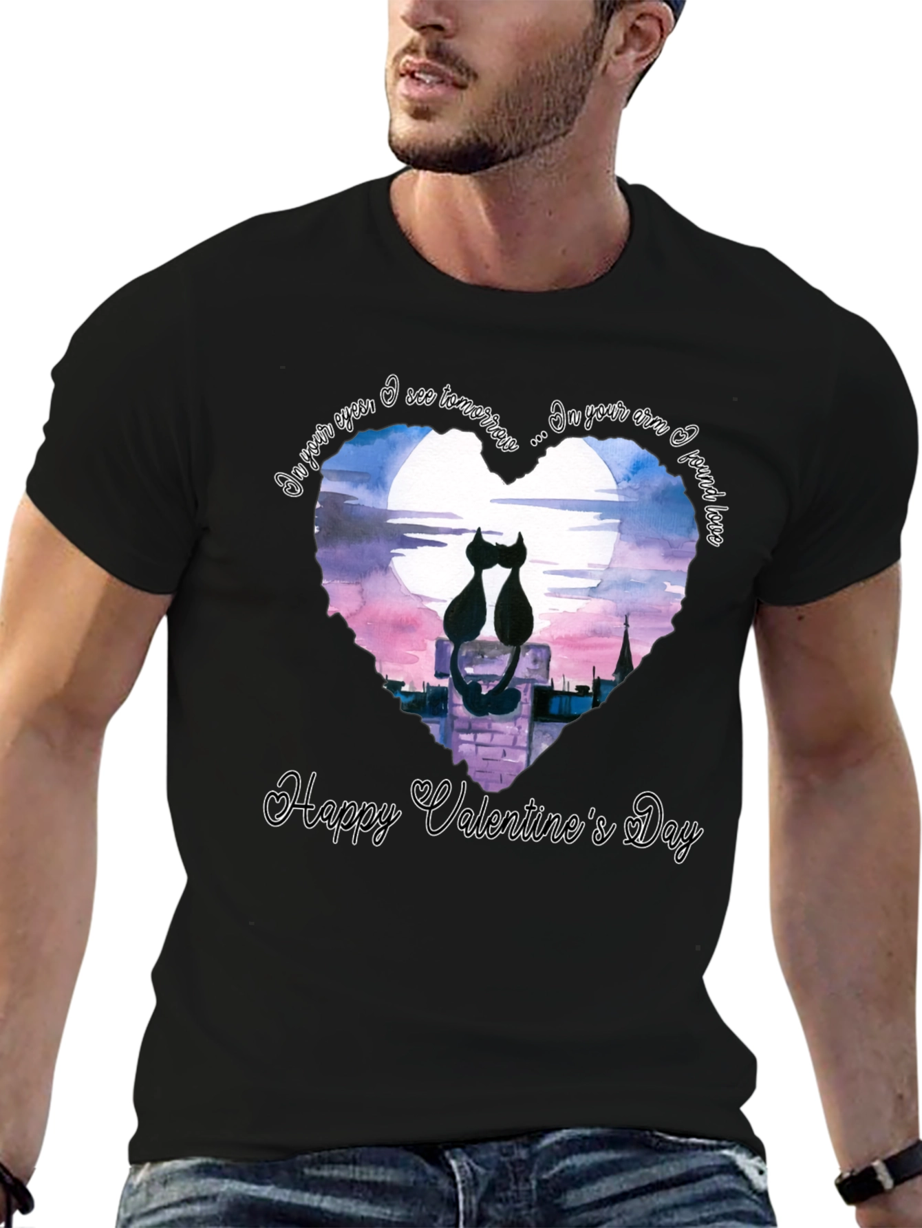 Black Valentine's Cat Lovers Black T-Shirt view 6
