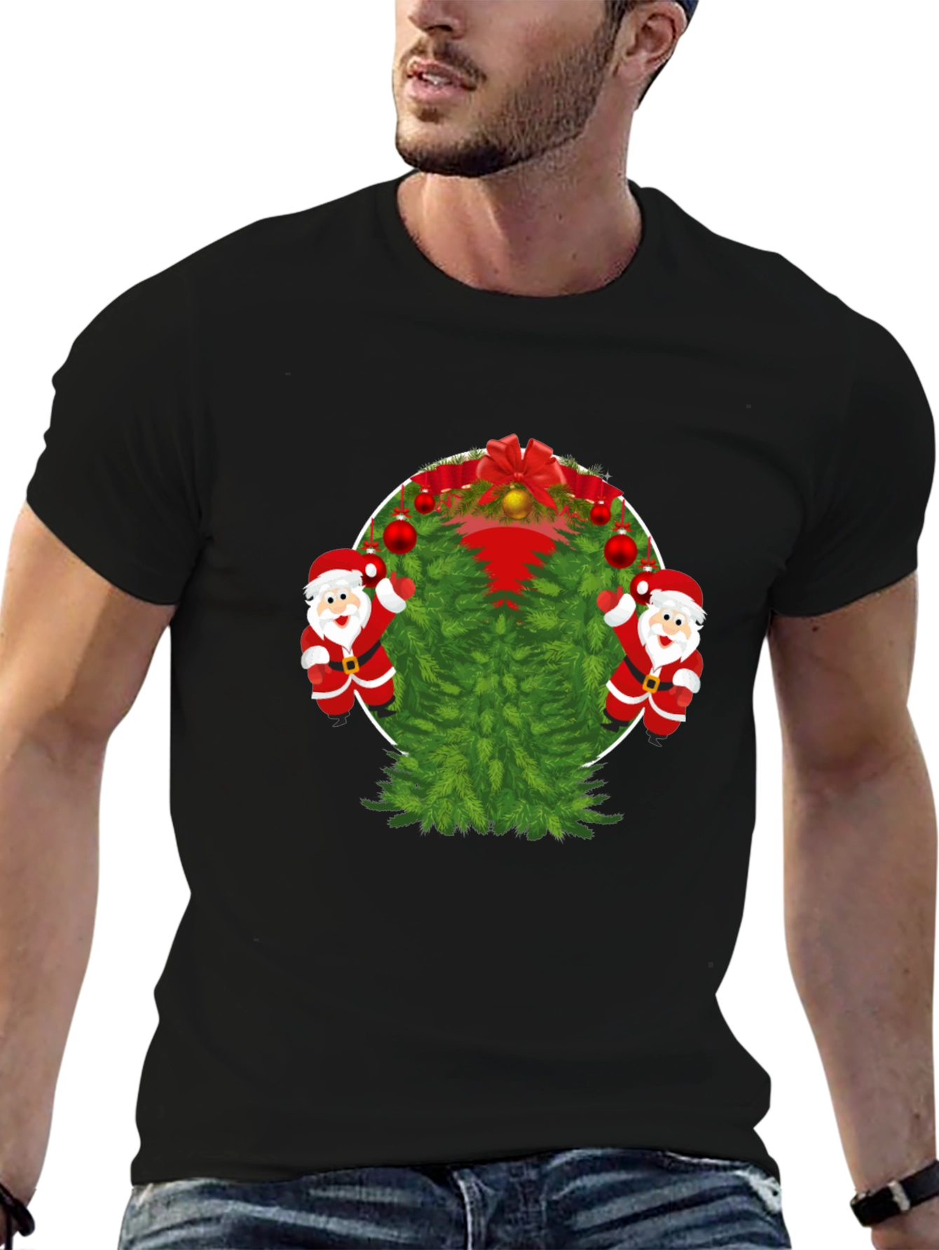Black Festive Christmas Tree & Santa T-Shirt view 6