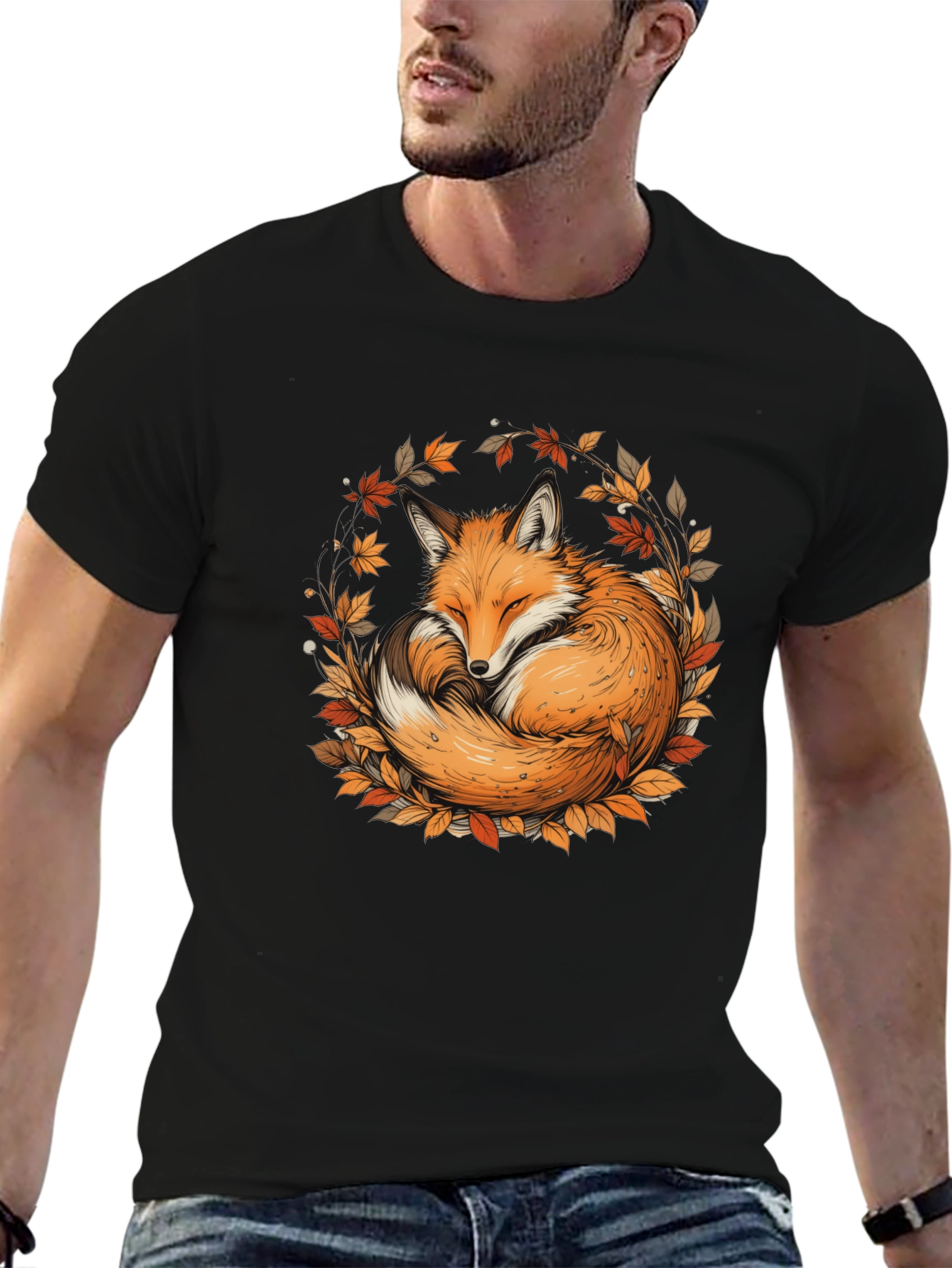 Black Fox & Foliage Black T-Shirt - Autumnal Design view 6