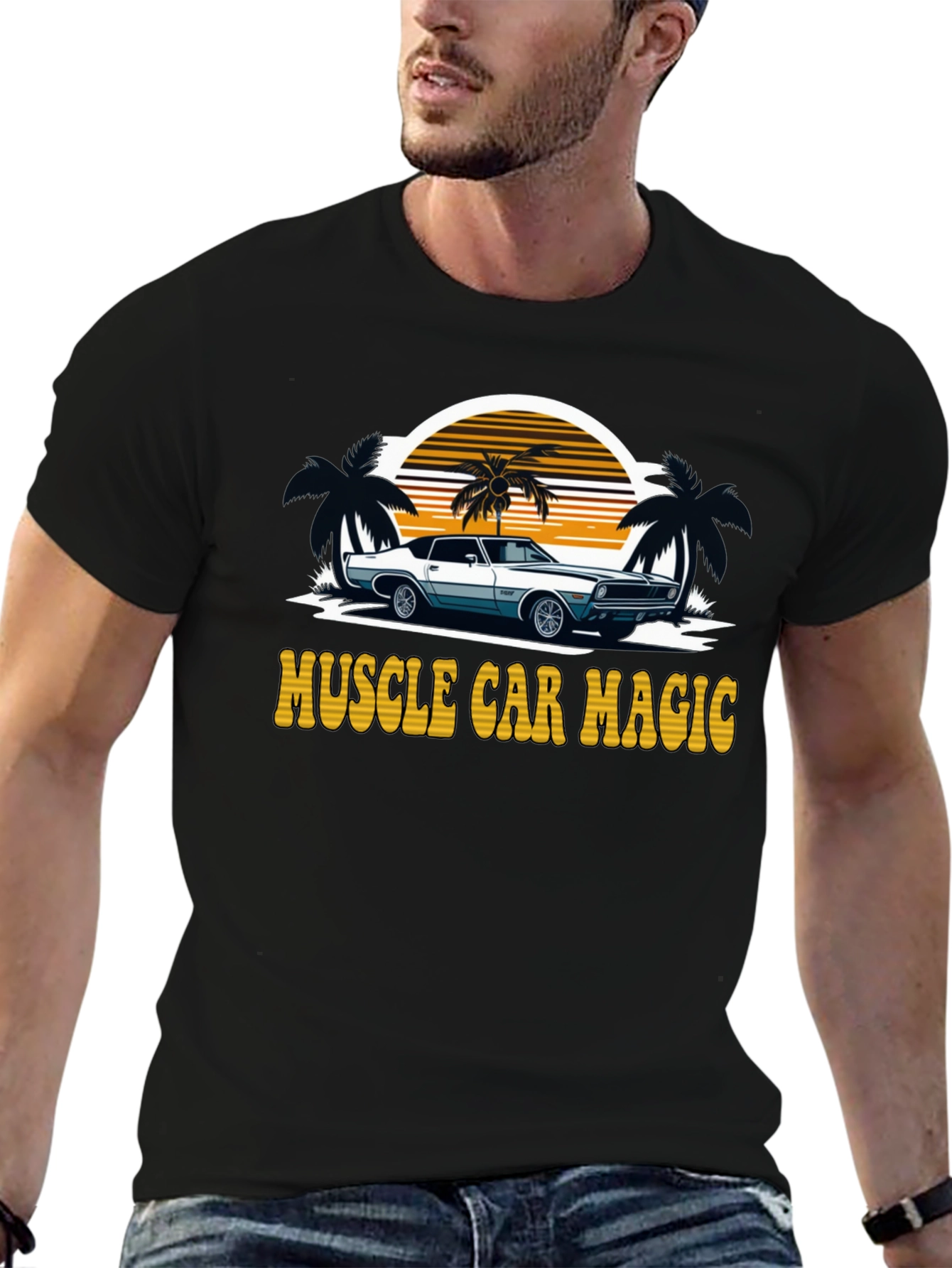 Black Muscle Car Magic Tee - Vintage Sunset Design view 6