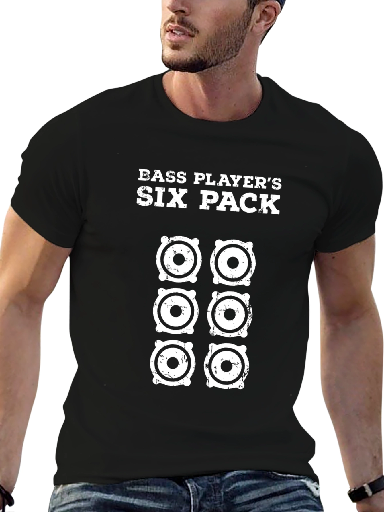 Black Bass Player's Six Pack T-Shirt - Musician Humor Tee view 6