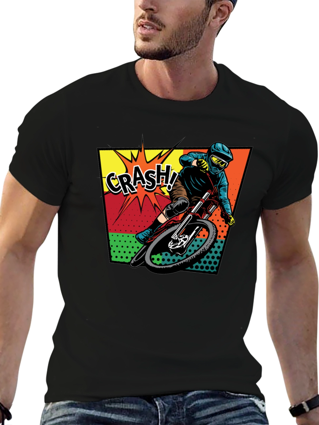 Black Men's Black Mountain Biking 'Crash!' Graphic T-Shirt view 6