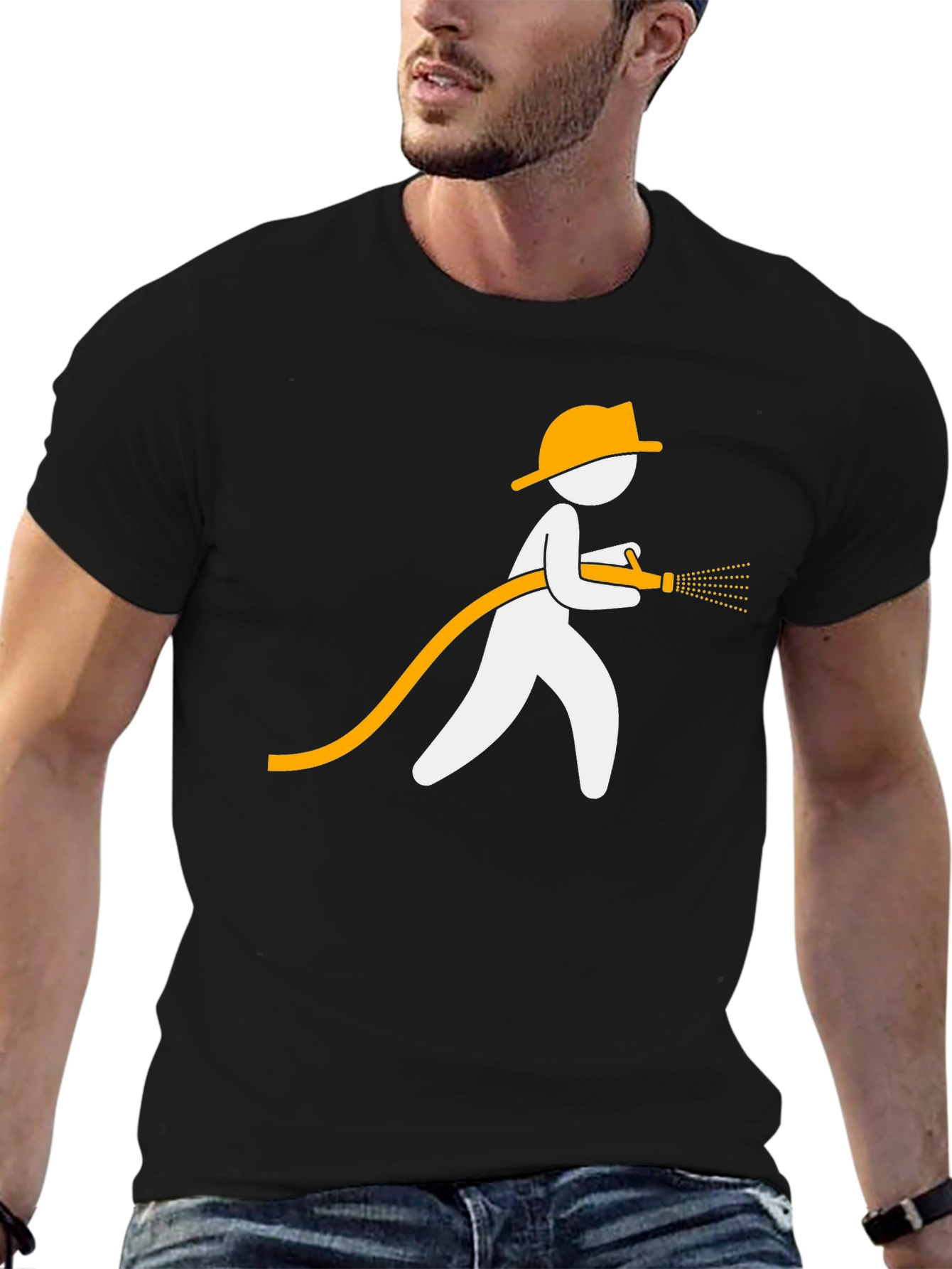 Black Fireman Stick Figure Graphic Tee - Black Cotton Blend view 6