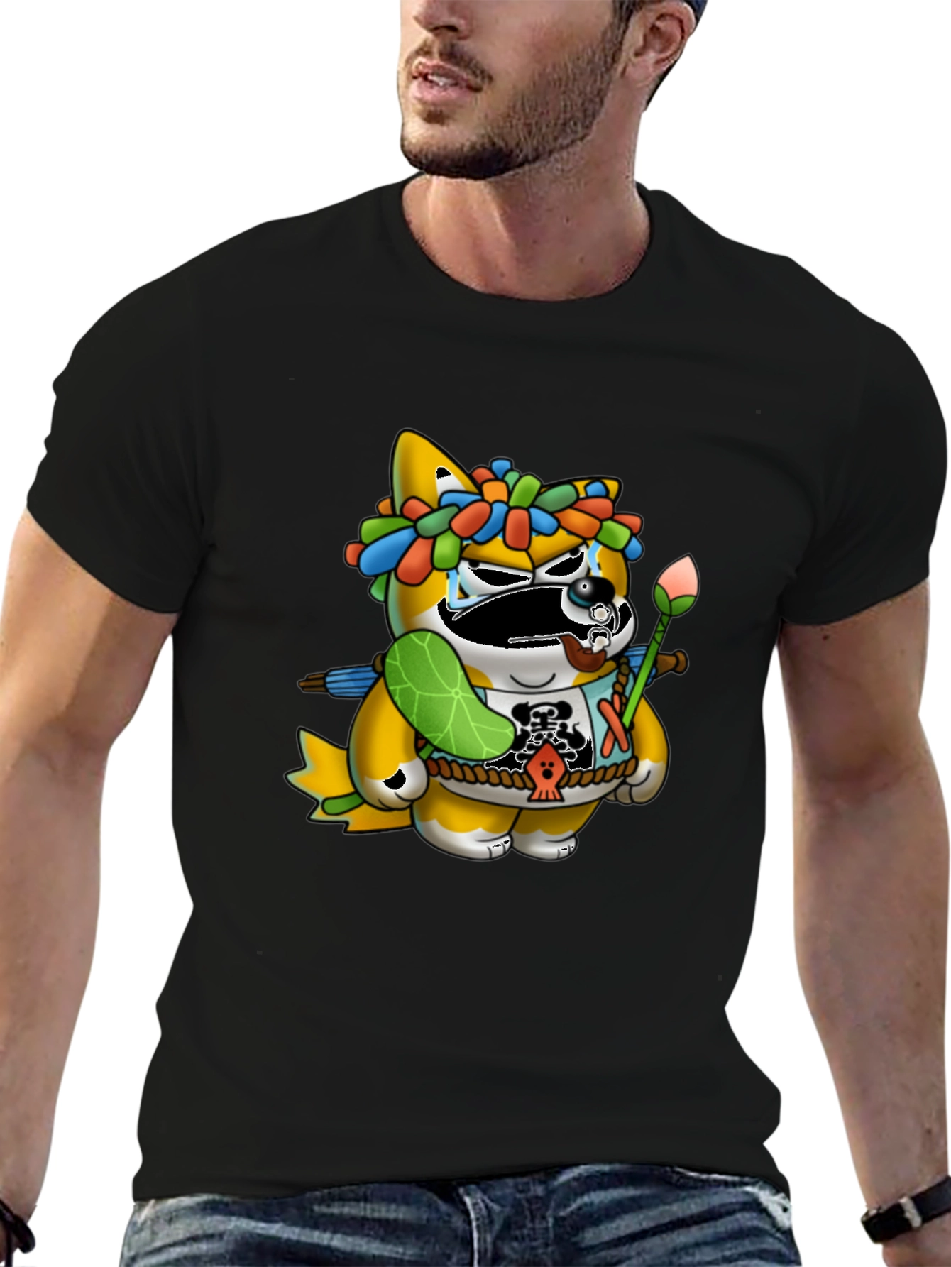 Black Unique Graphic Tee - Cartoon Tanuki Design view 6