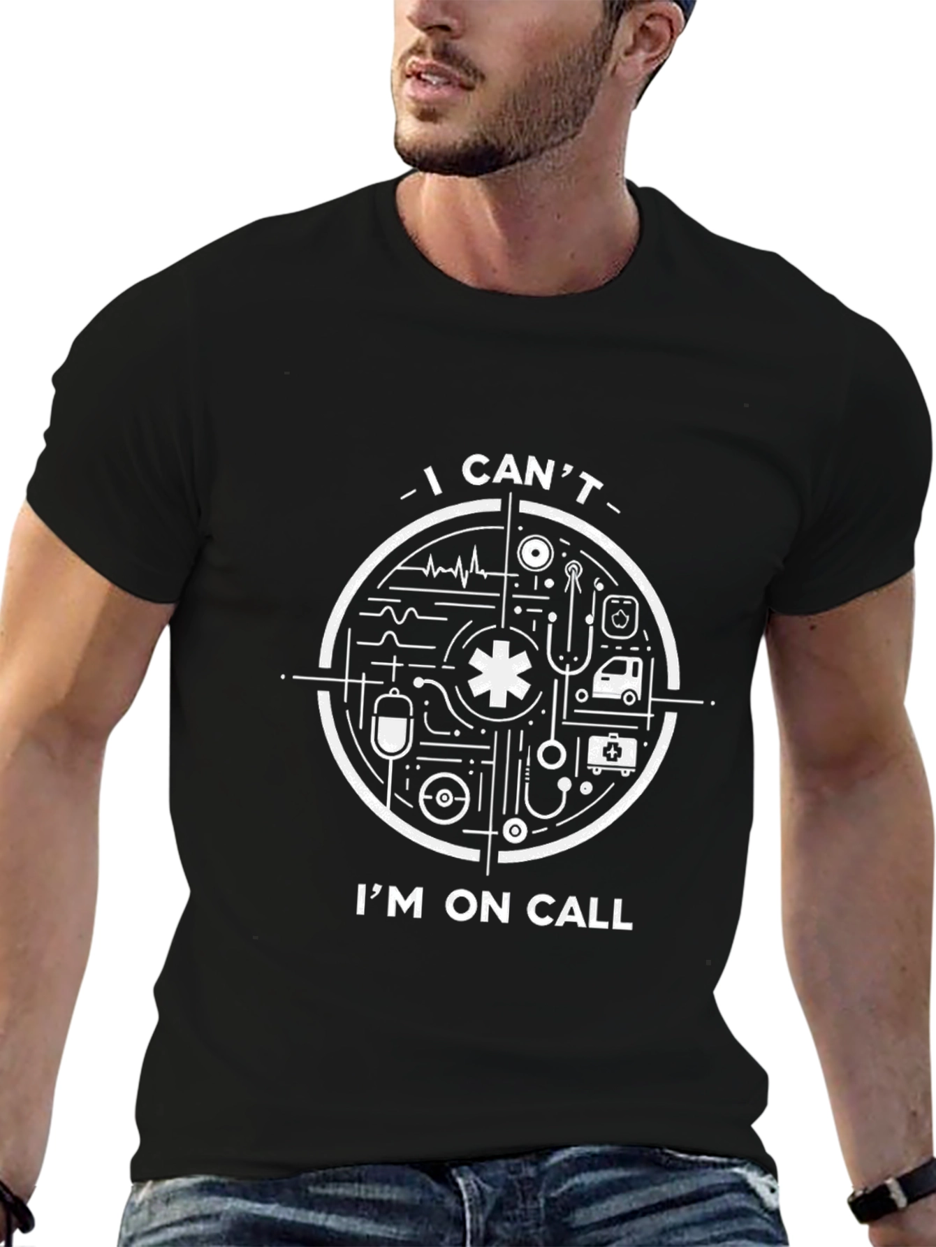 Black I Can't I'm On Call Black Graphic T-Shirt view 6