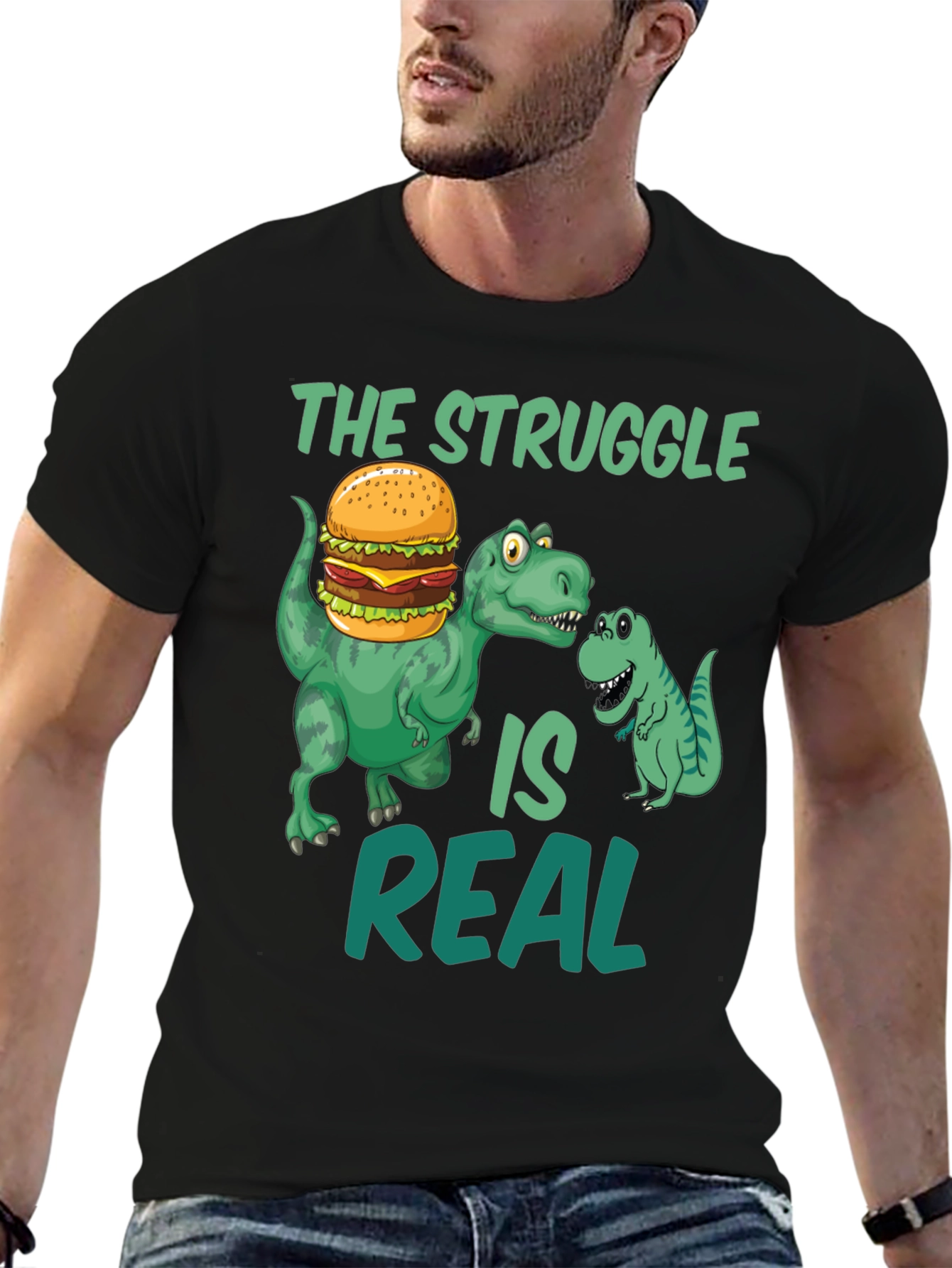 Black Dinosaur Burger T-Shirt - The Struggle Is Real Funny Tee view 6