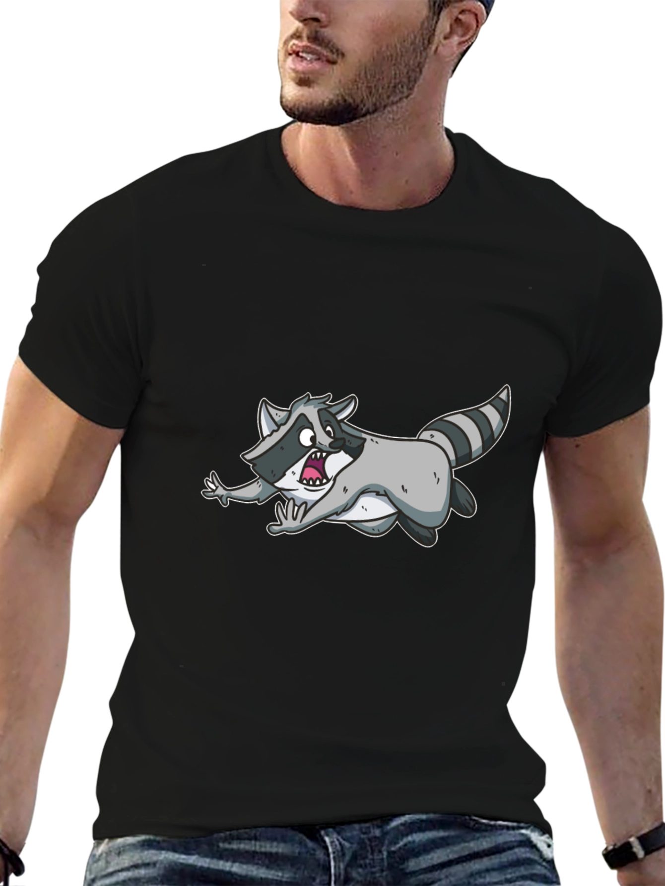 Black Funny Raccoon Cartoon Graphic Black T-Shirt view 6