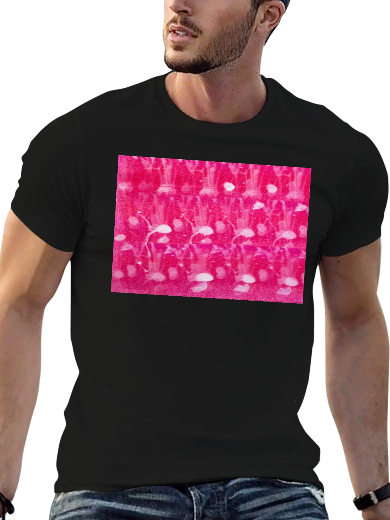 Black Abstract Pink and White Pattern Black T-Shirt view 6