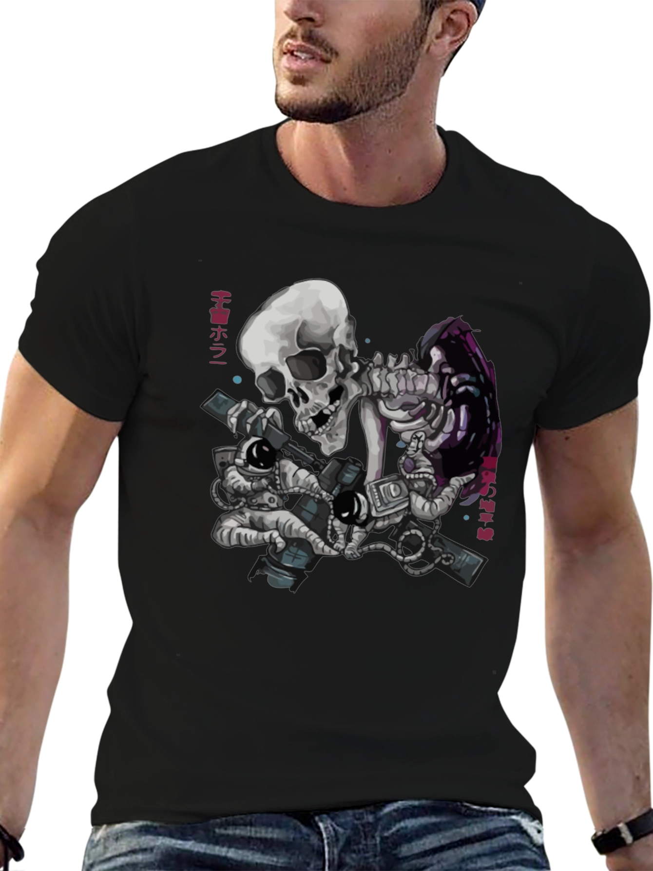 Black Skull Astronaut Black T-Shirt - Space Adventure view 6