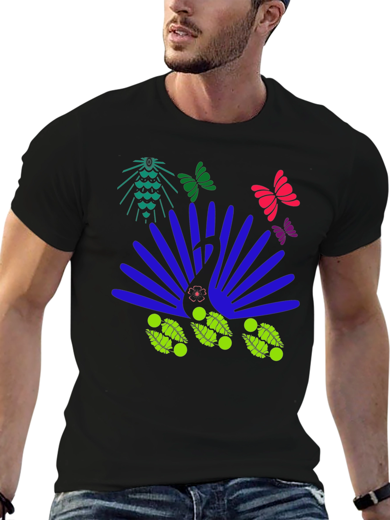 Black Abstract Peacock Graphic Tee view 6