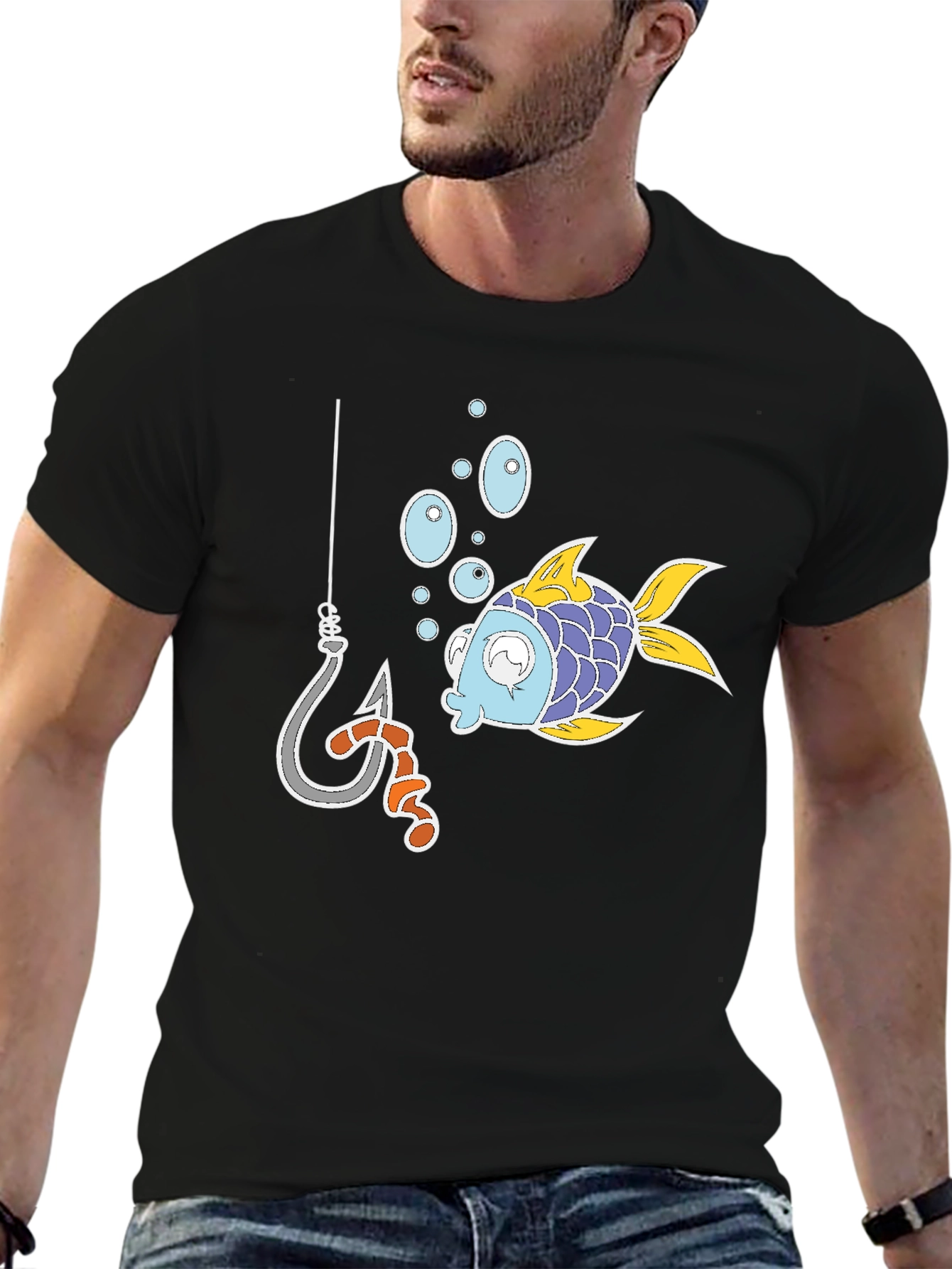 Black Funny Fish Hook Cartoon Graphic Tee view 6