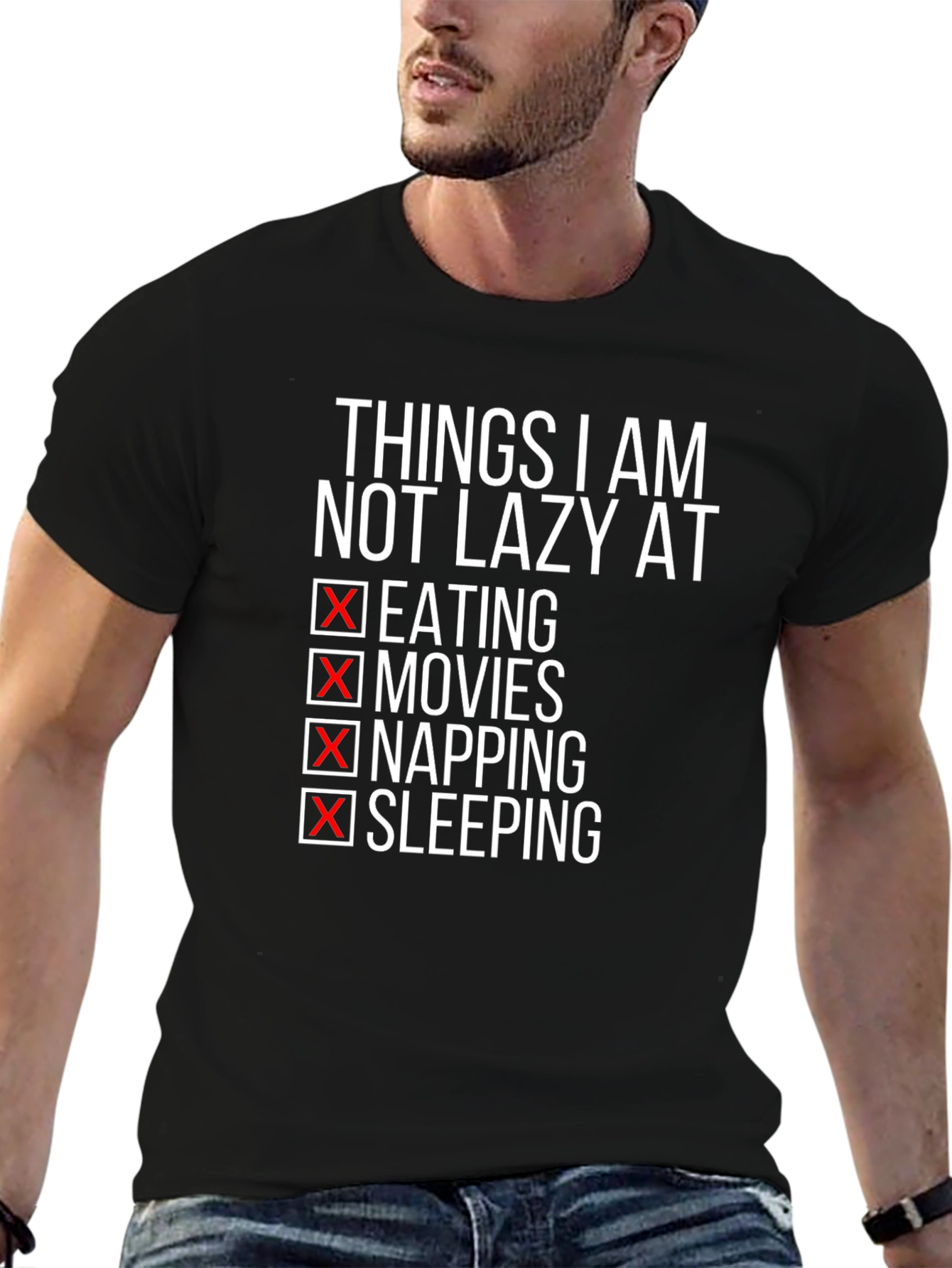 Black Funny Lazy T-Shirt - Eating Movies Napping Sleeping view 6