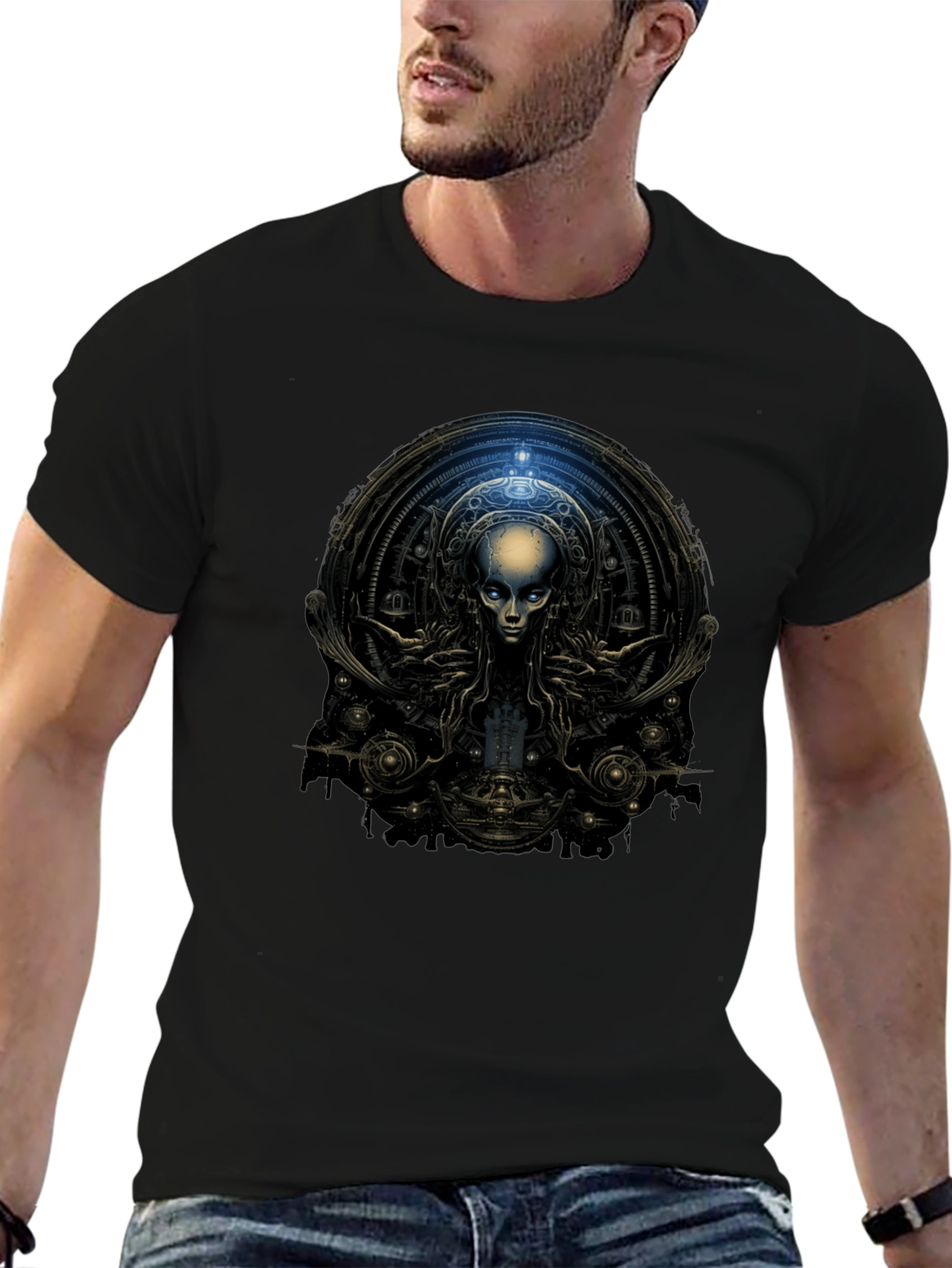 Black Surreal Alien Graphic Black T-Shirt view 6