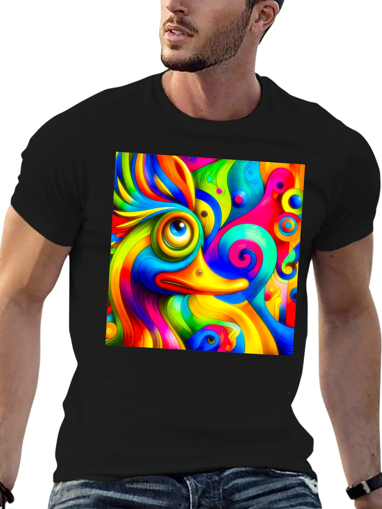 Black Psychedelic Duck Graphic Tee - Vibrant Colors view 6