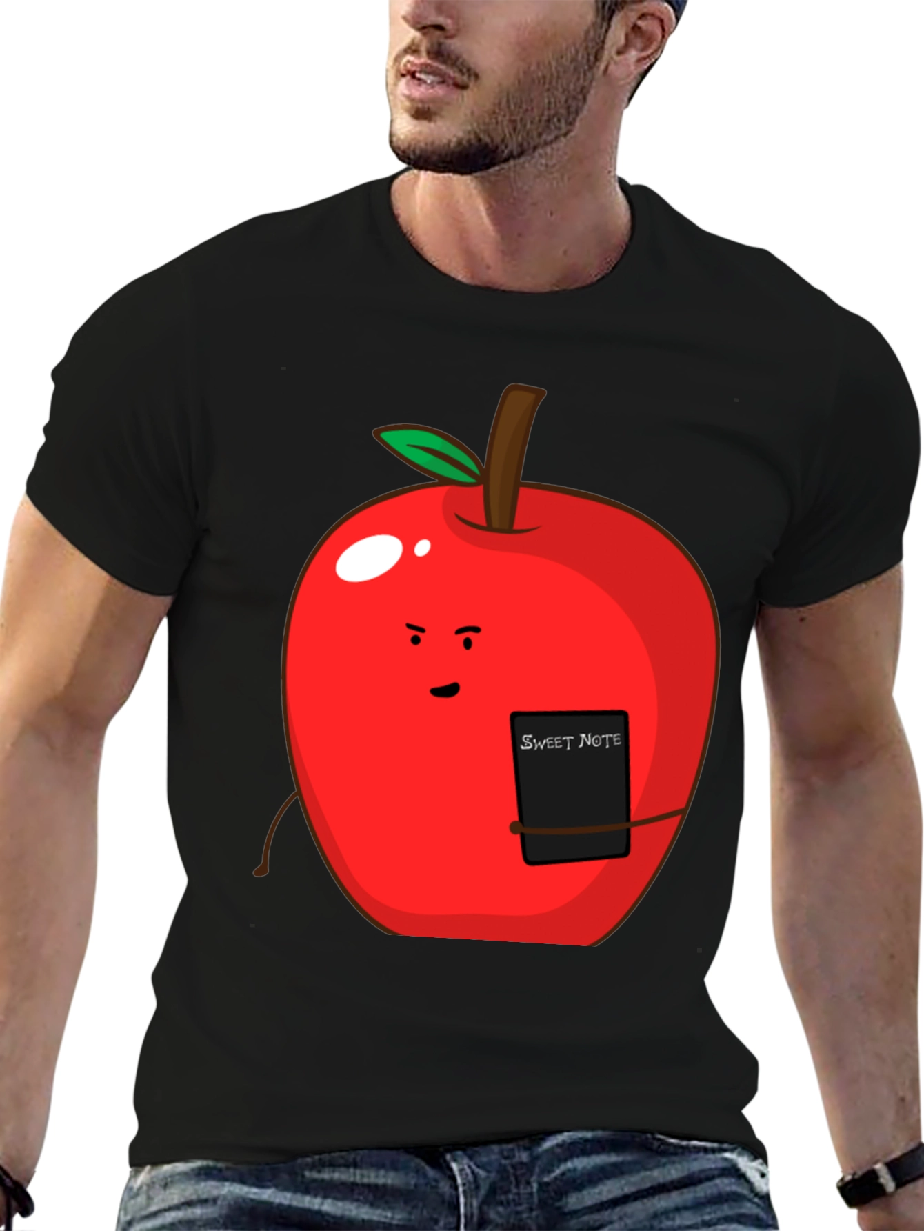 Black Sweet Note Apple Graphic Tee - Novelty Fruit Shirt view 6