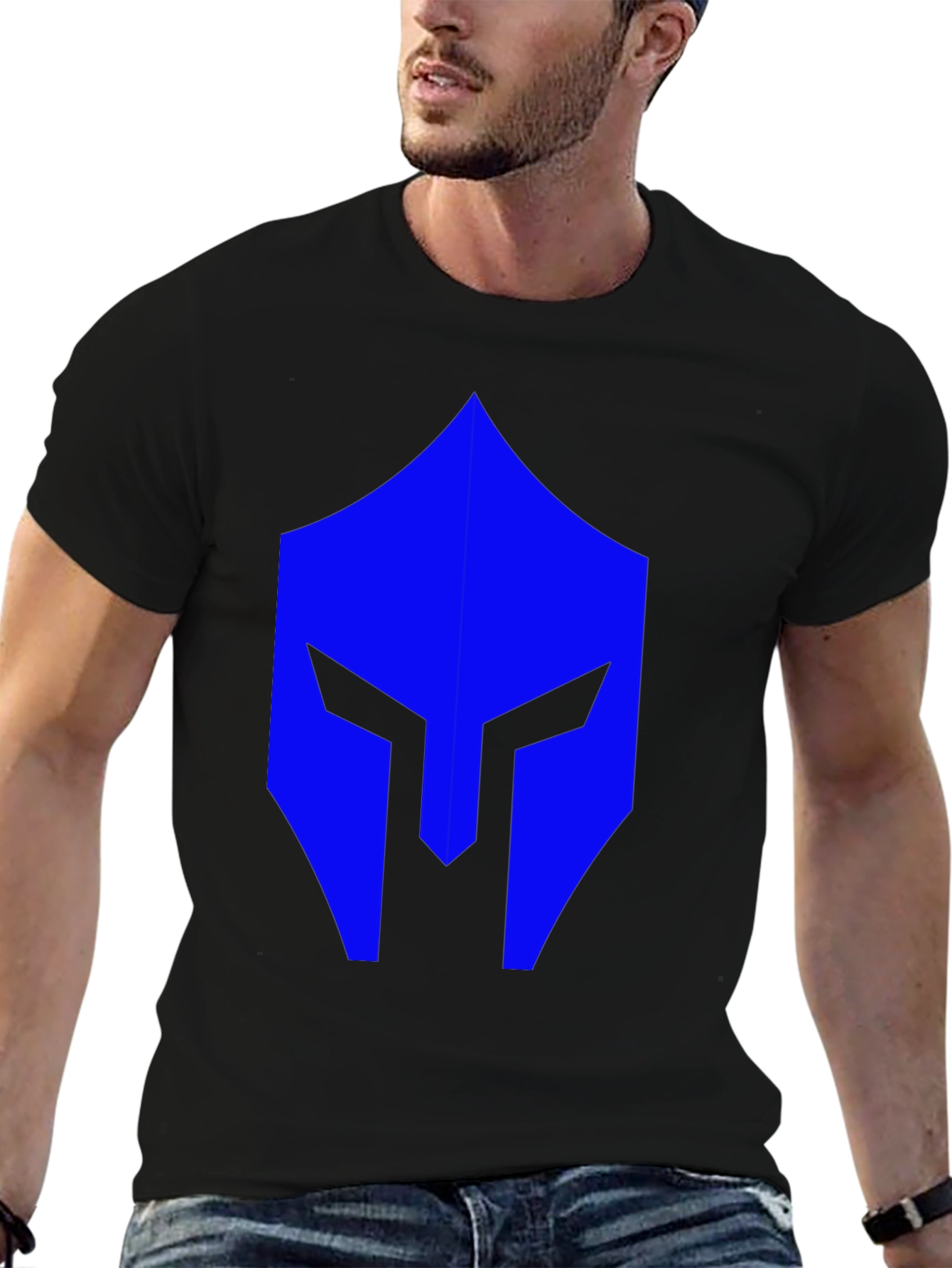 Black Blue Spartan Helmet Graphic Black T-Shirt view 6