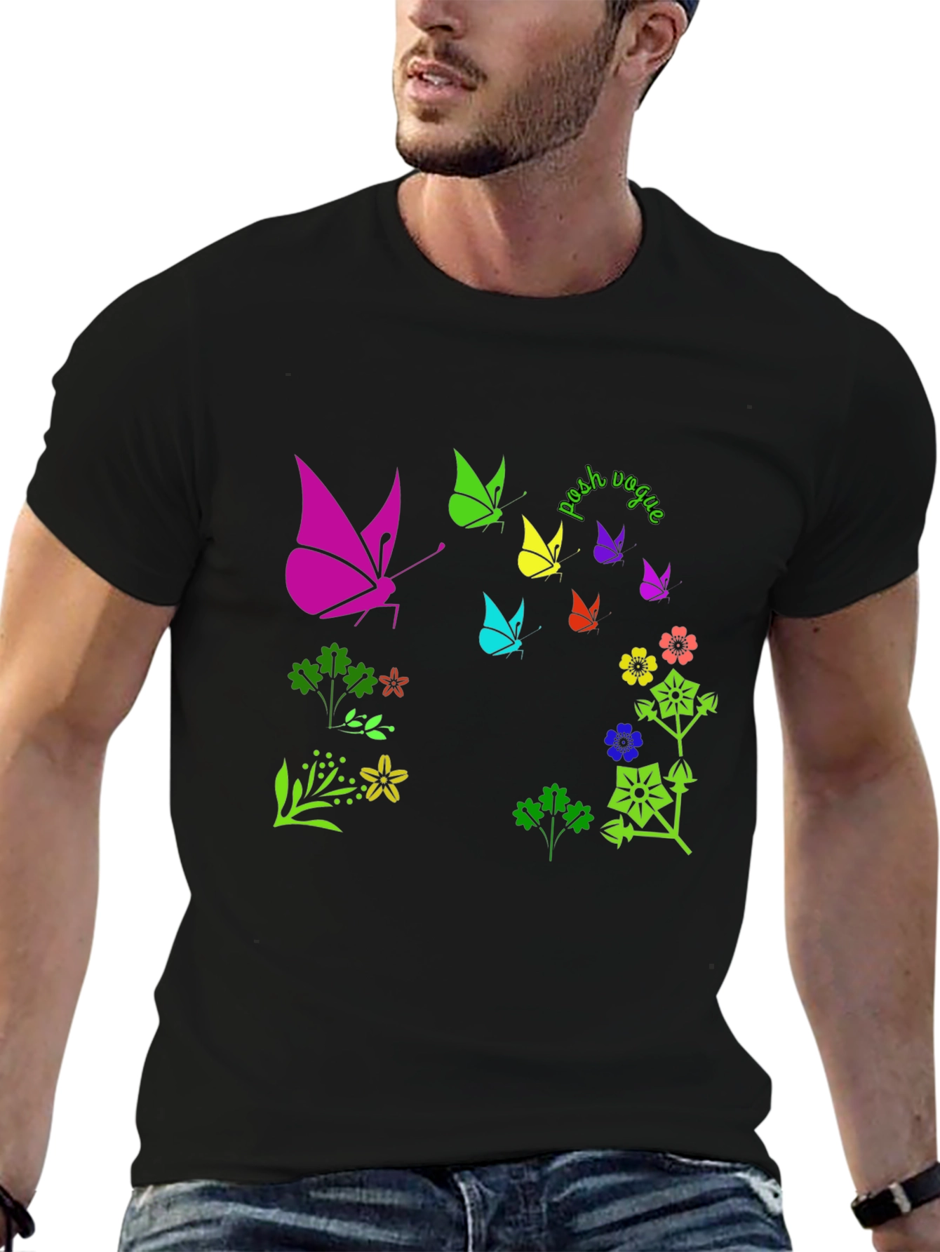Vibrant Butterfly & Floral Print Black T-Shirt - 6