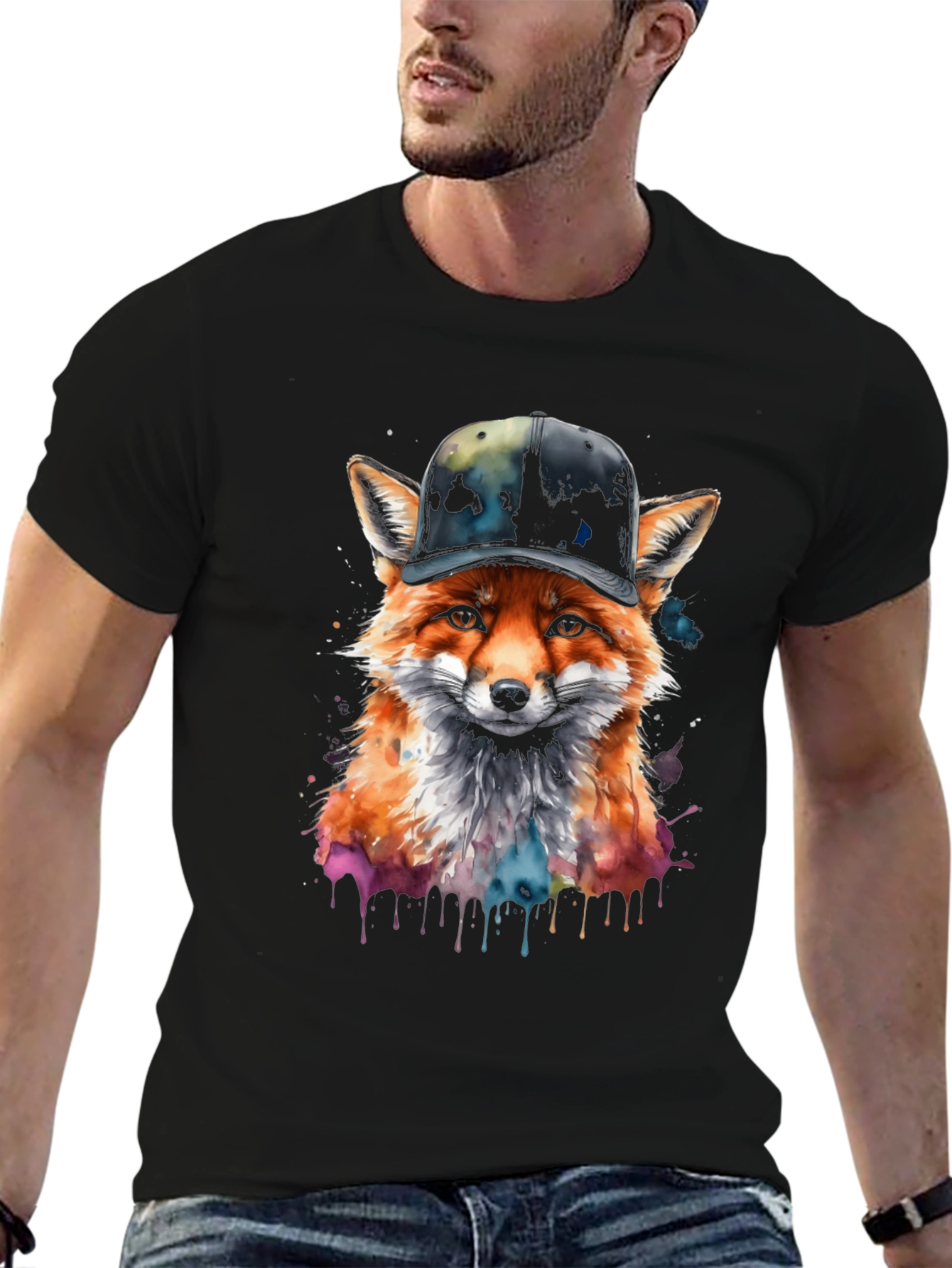 Black Fox in Hat Graphic Tee - Trendy Streetwear view 6