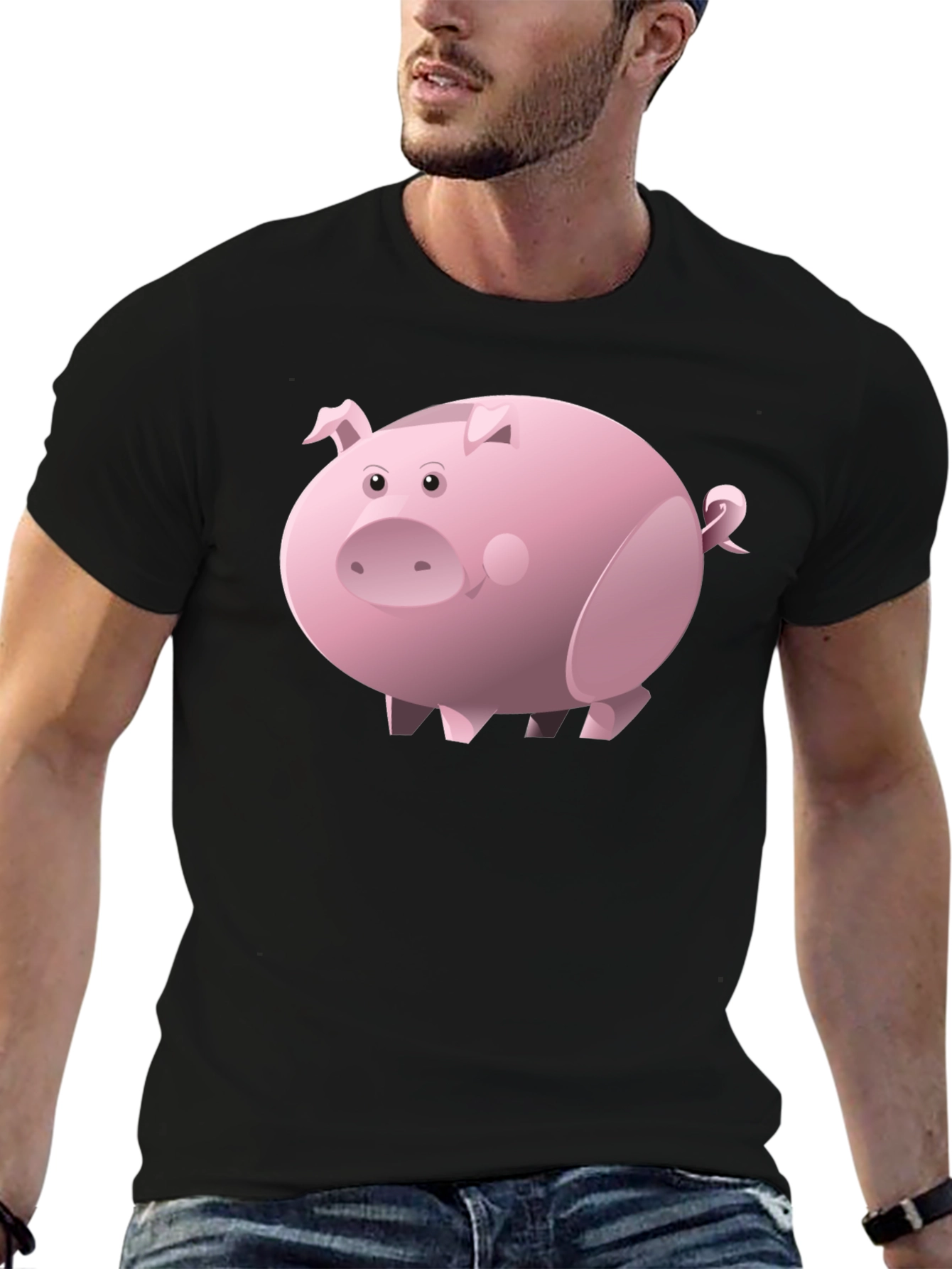 Black Cartoon Pig Black T-Shirt | Unisex view 6