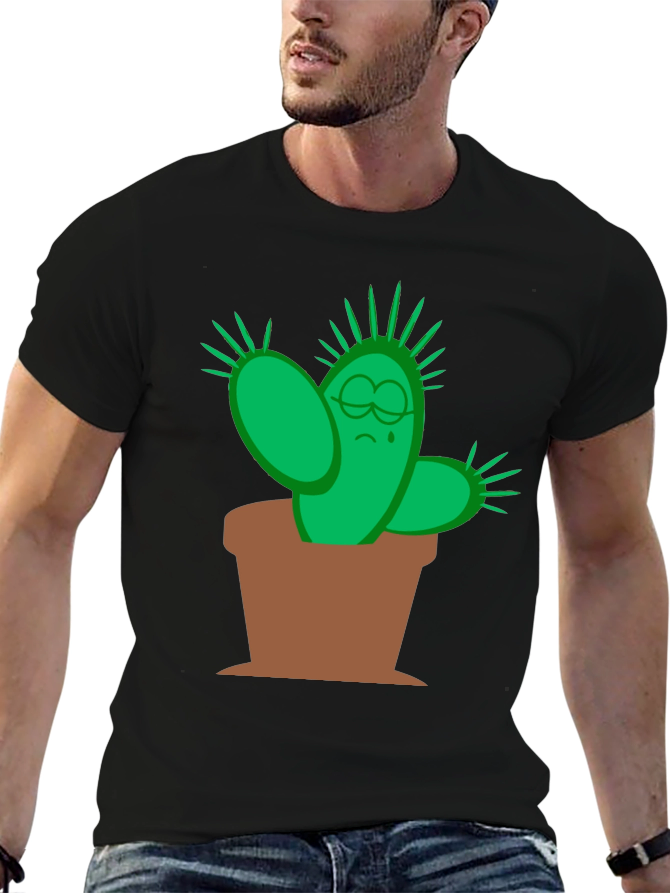 Sad Cactus Graphic Tee - Black Cotton T-Shirt - 6