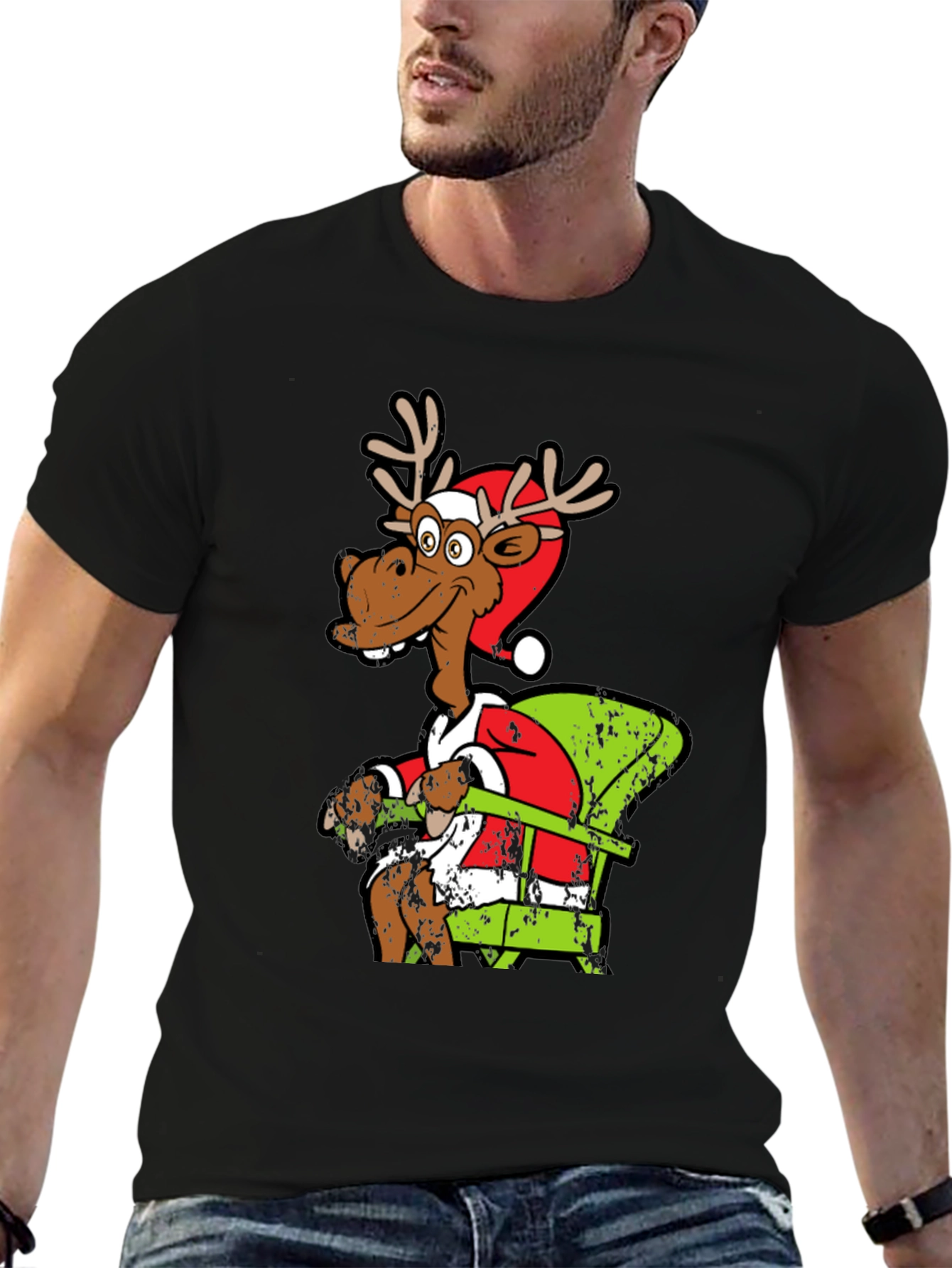 Black Funny Reindeer Santa T-Shirt view 6