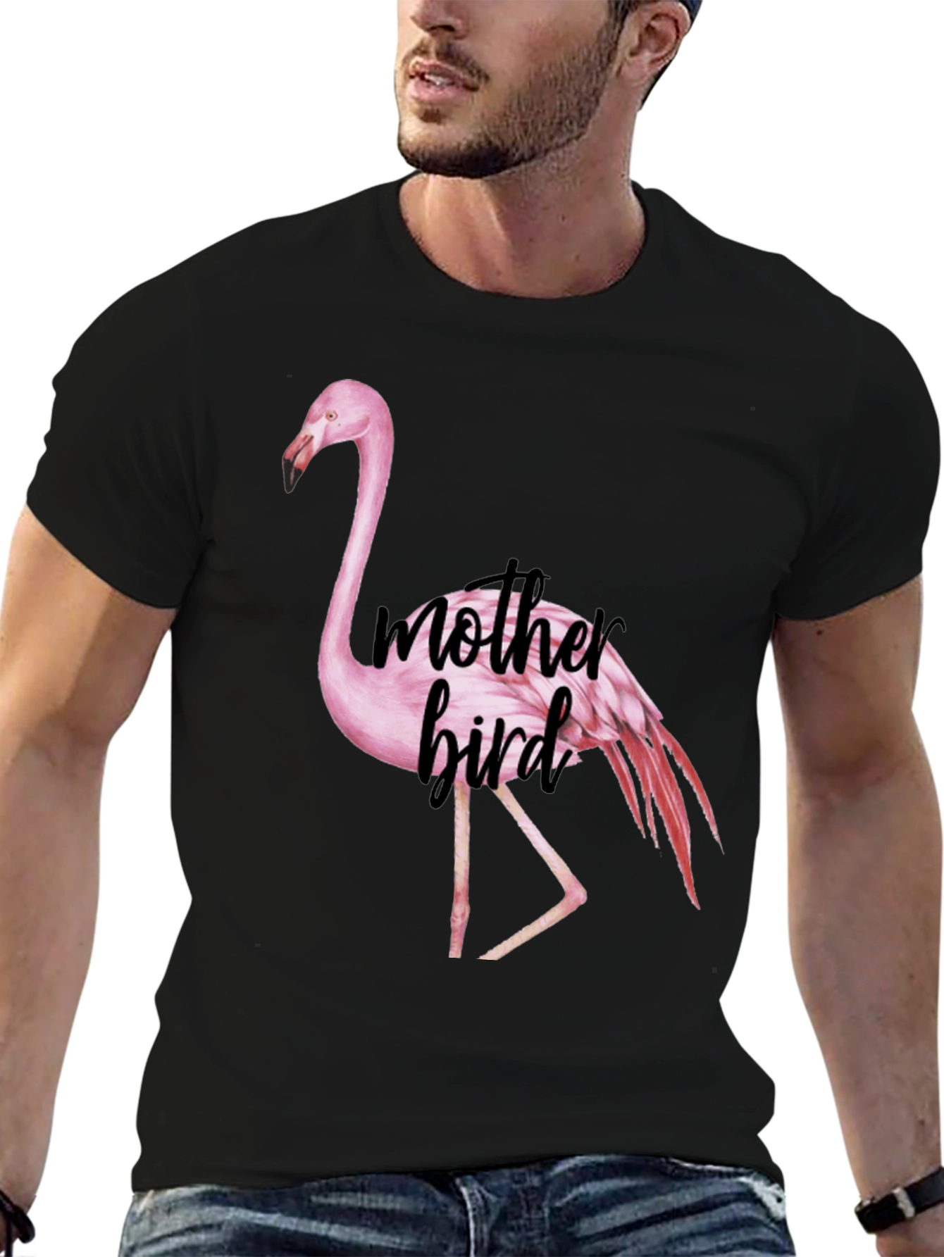 Black Mother Bird Flamingo Graphic Tee - Black Cotton Blend view 6