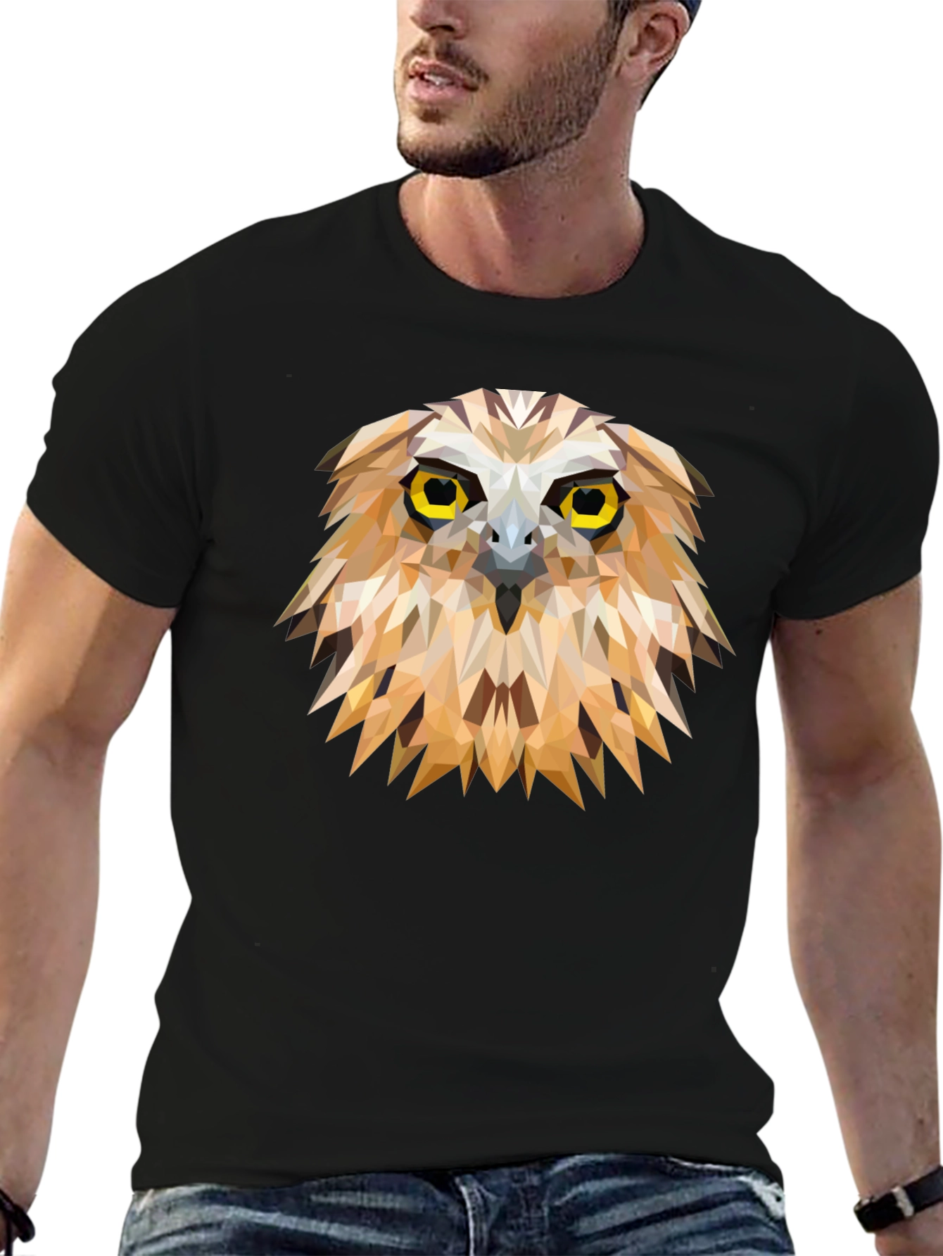 Black Geometric Owl Graphic Tee - Unique Men's Black T-Shirt view 6