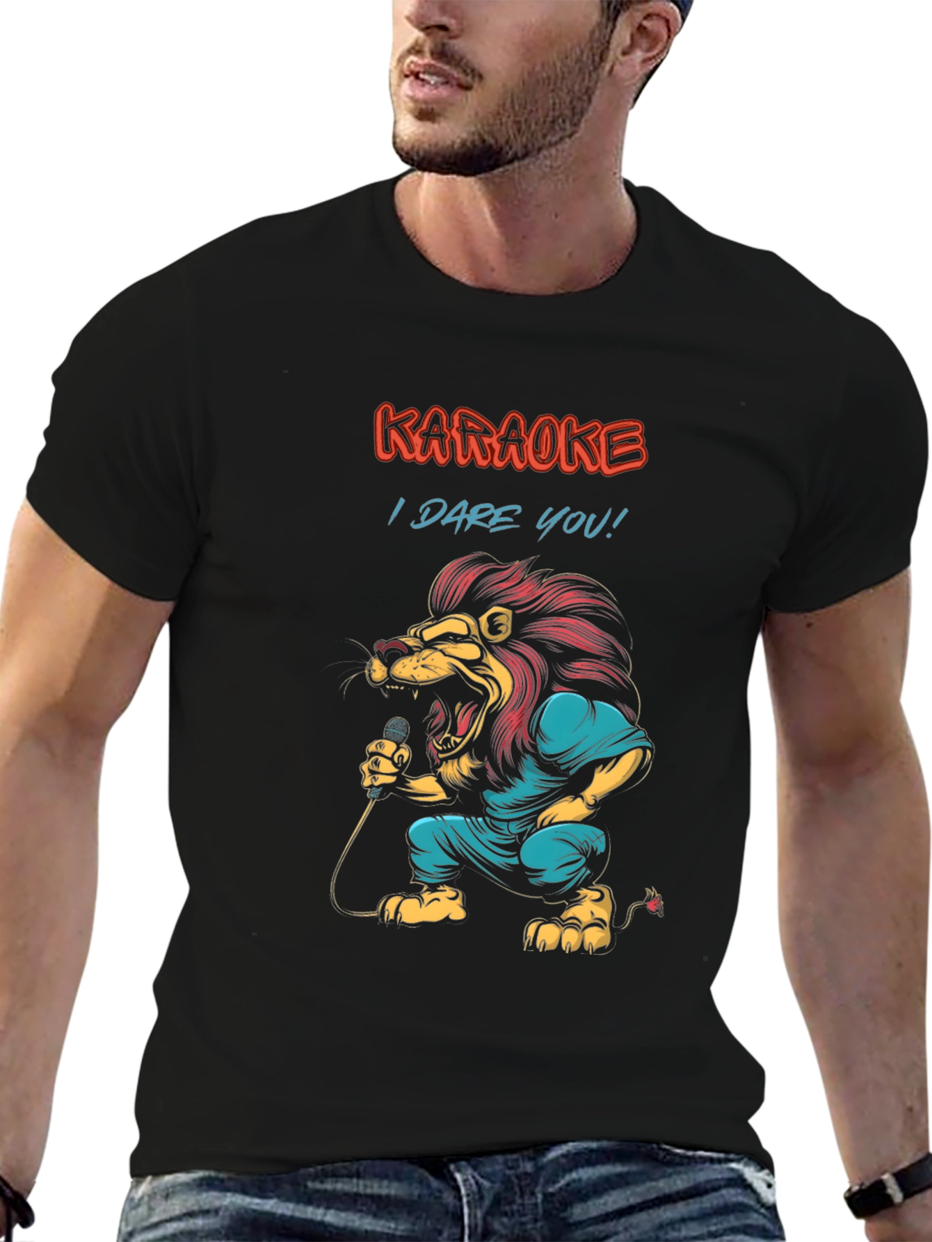 Black Karaoke Lion Graphic Tee - "I Dare You!" Black T-Shirt view 6