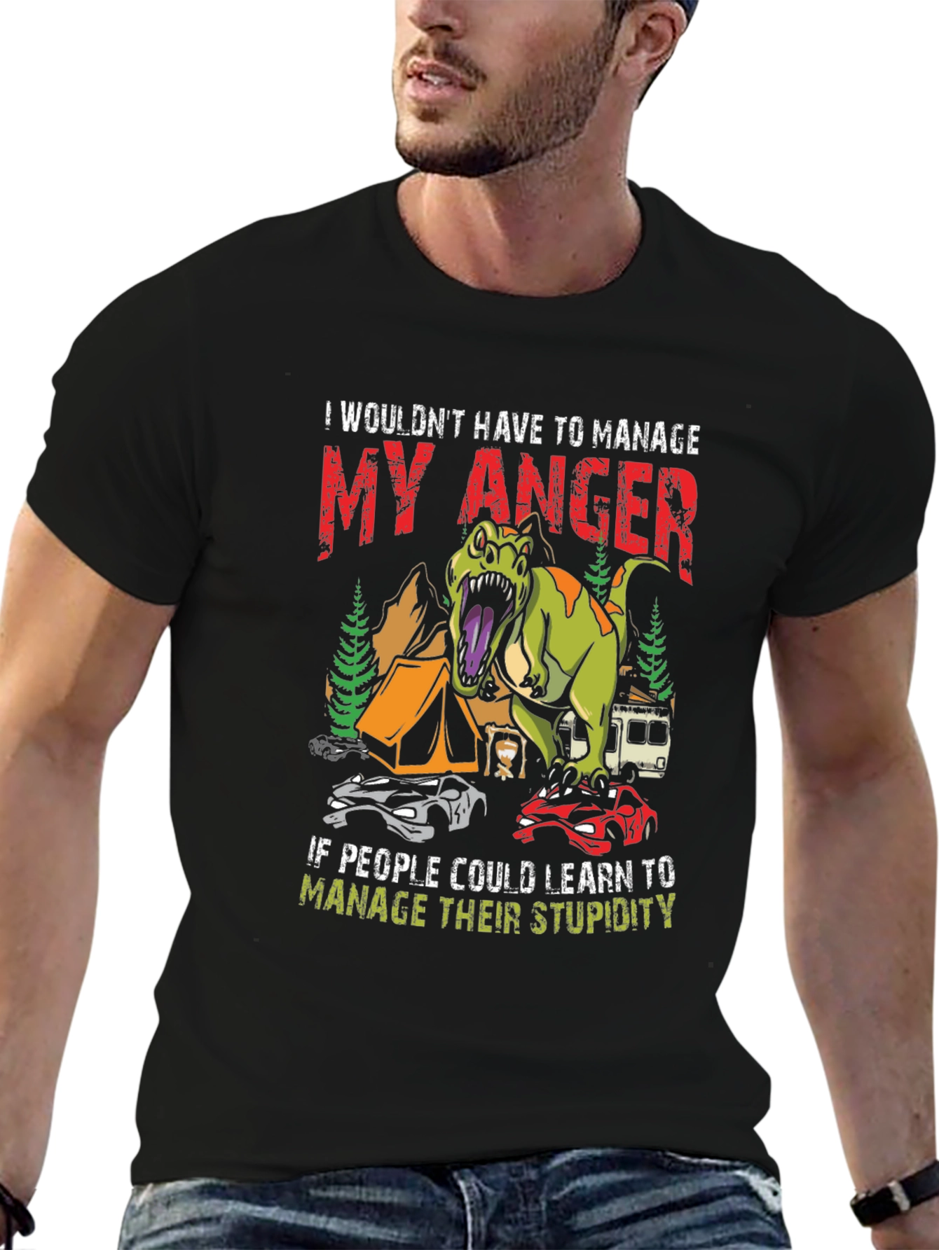Black Manage Anger Dinosaur T-Shirt - Funny Camping Tee view 6