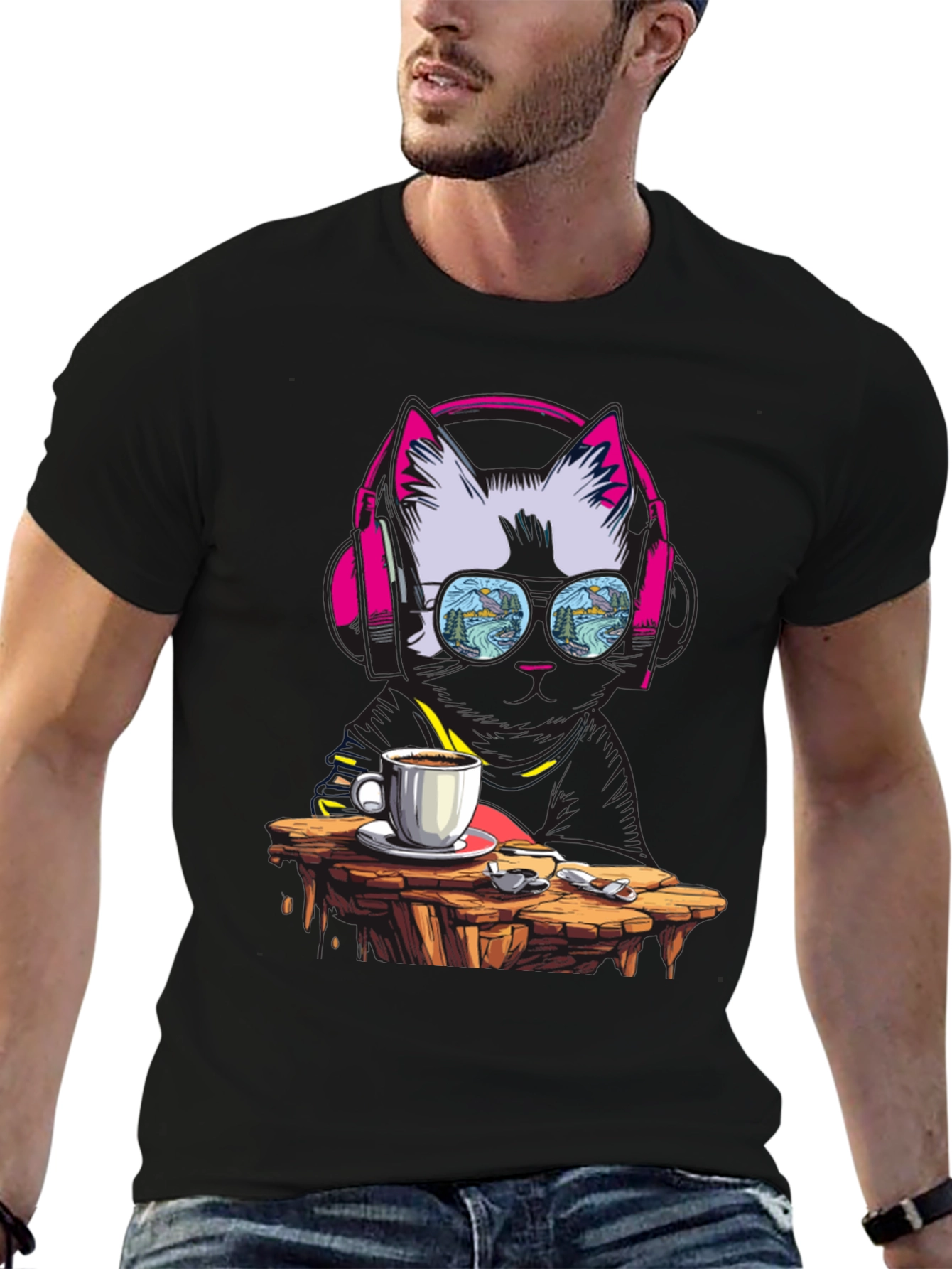 Black Cool Cat Coffee T-Shirt - DJ Kitty Tee view 6