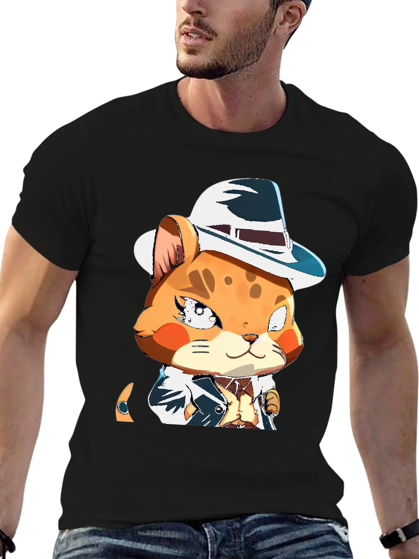 Black Cool Cat in a Hat T-Shirt view 6