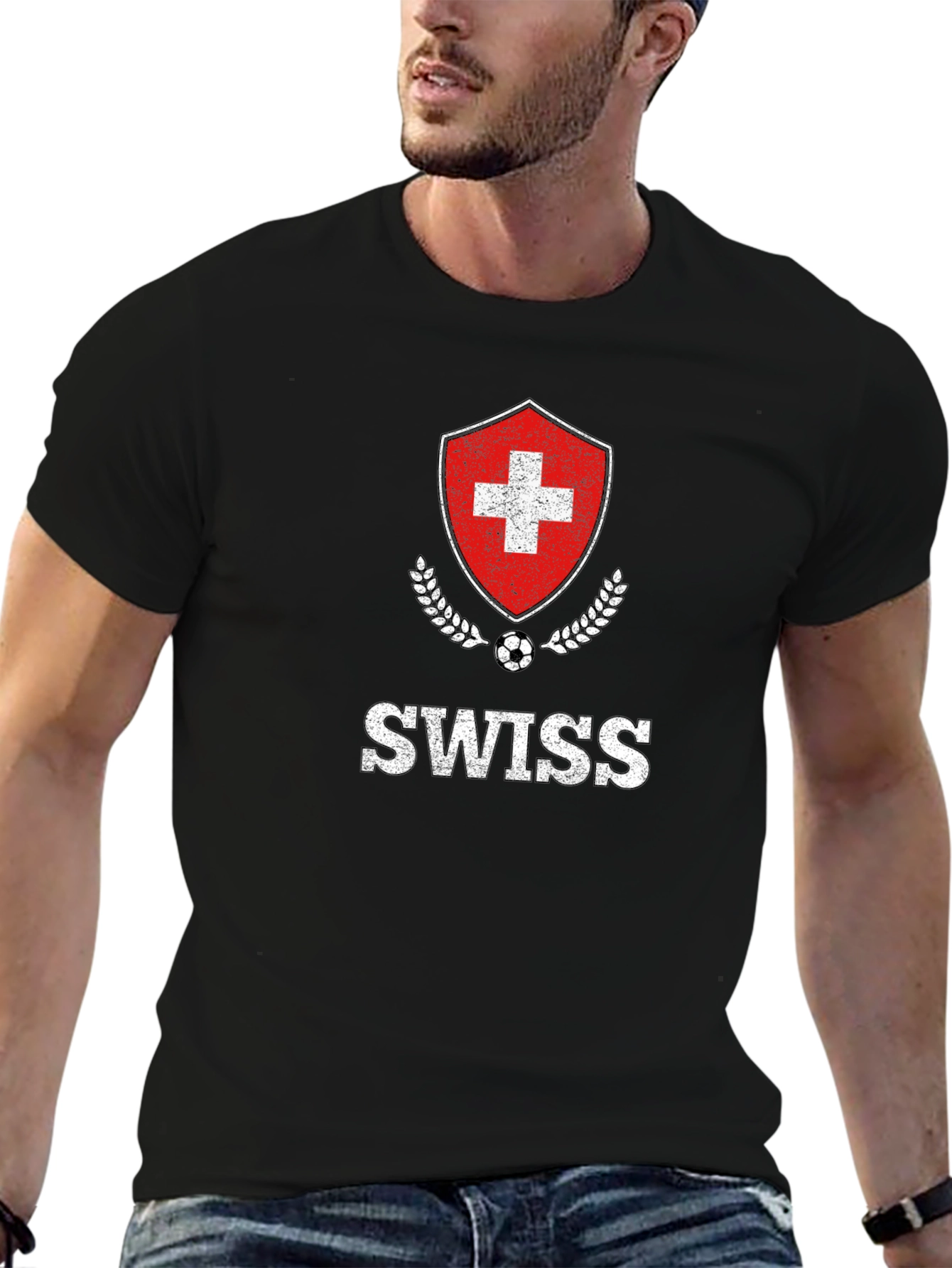 Black Swiss Soccer Pride T-Shirt - Black Cotton Tee view 6