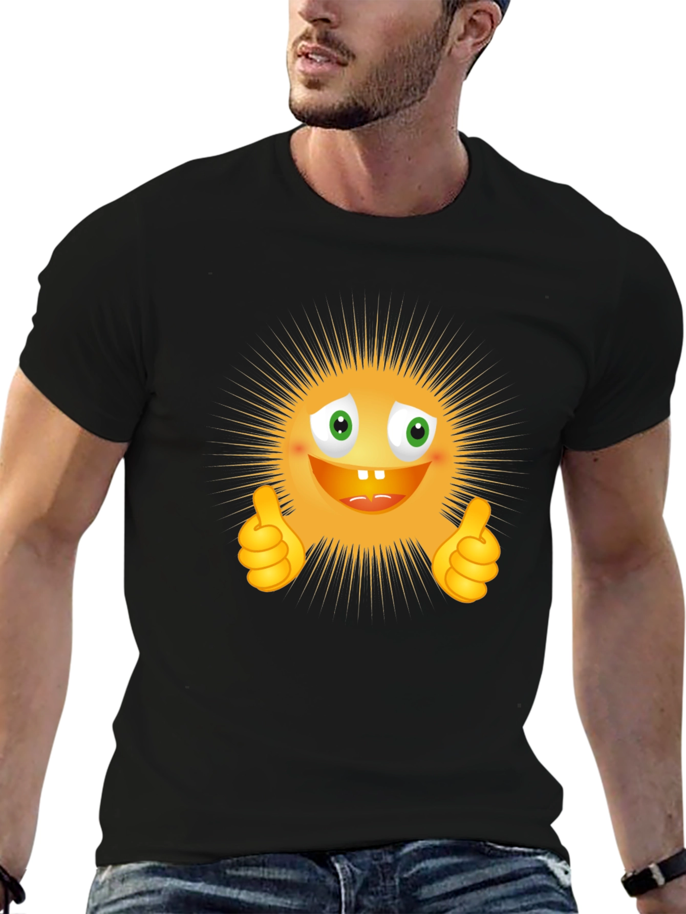 Black Funny Smiley Face Thumbs Up Graphic T-Shirt view 6