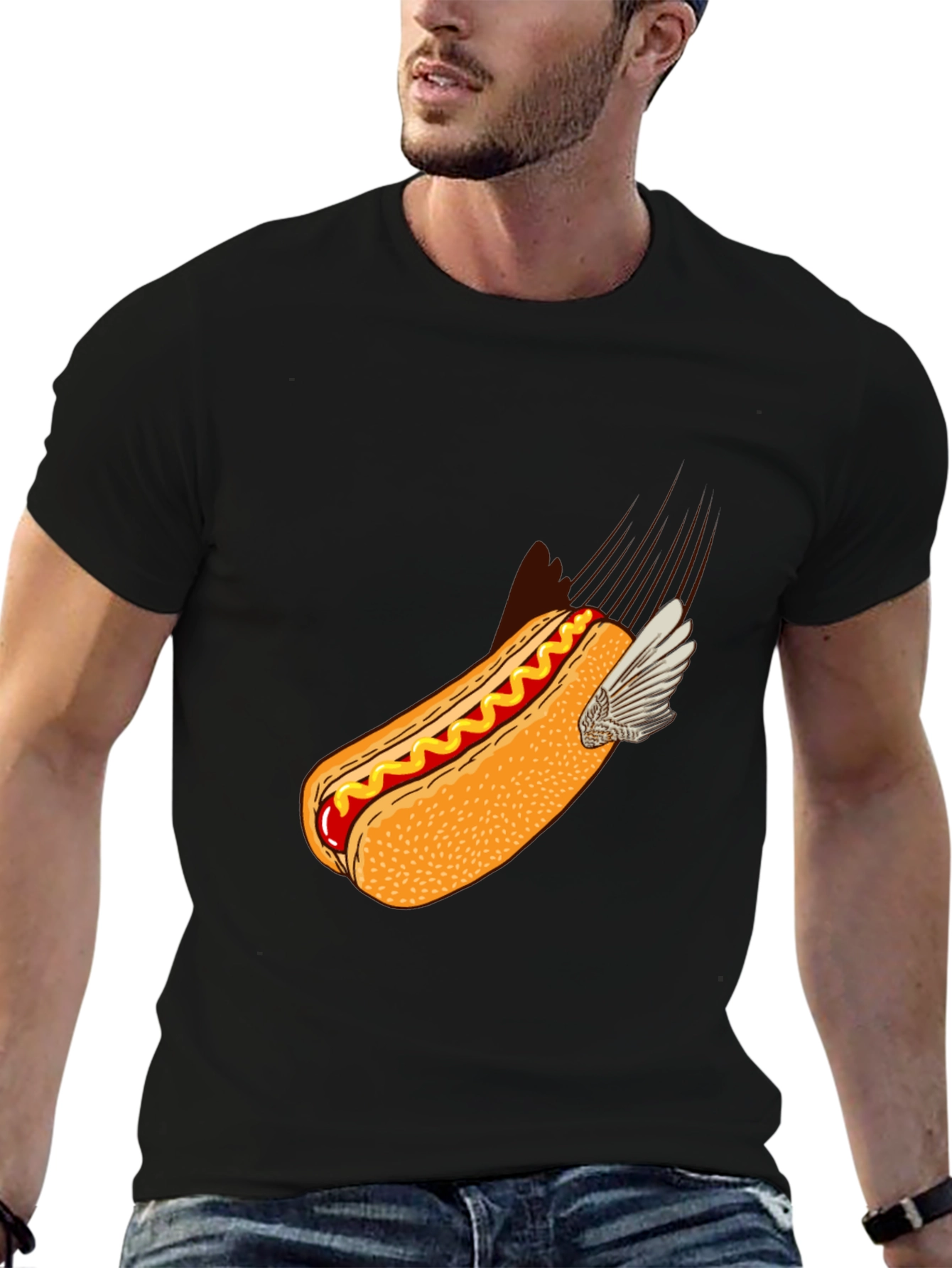 Black Flying Hot Dog Graphic T-Shirt - Novelty Food Tee view 6