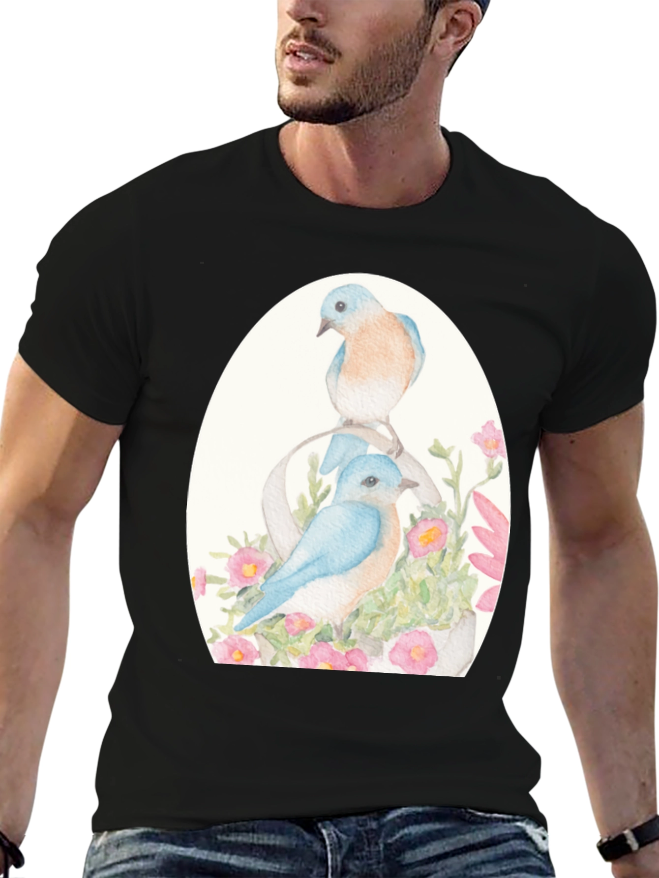 Black Bluebird Floral Graphic Tee - Nature Lover's Shirt view 6