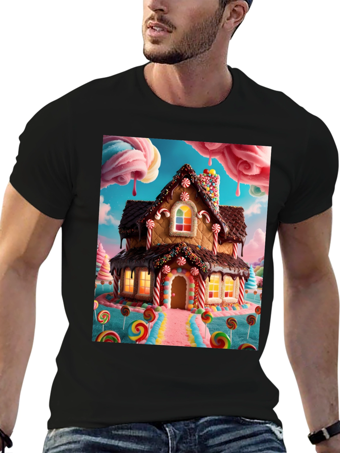 Black Sweet Tooth T-Shirt - Gingerbread House Design view 6